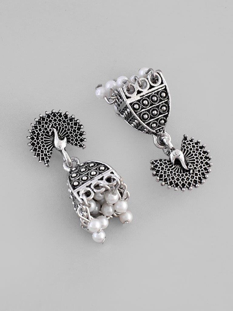 VOJ White Beads Studded Oxidised Silver Plated Contemporary Jhumka