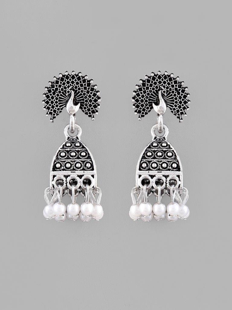 VOJ White Beads Studded Oxidised Silver Plated Contemporary Jhumka