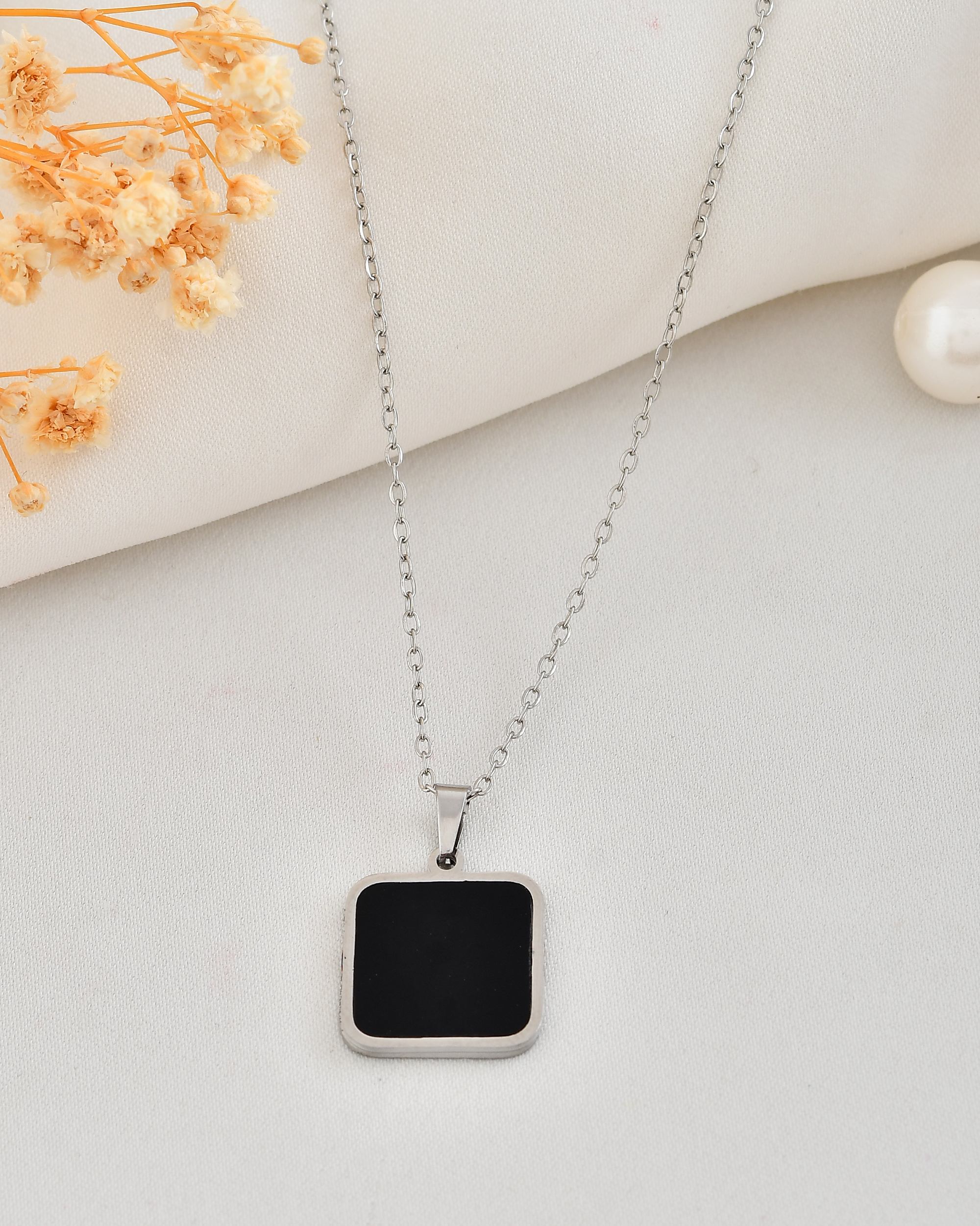 VOJ Men's Stainless Steel Silver Plated Chain With Square Shaped Pendant