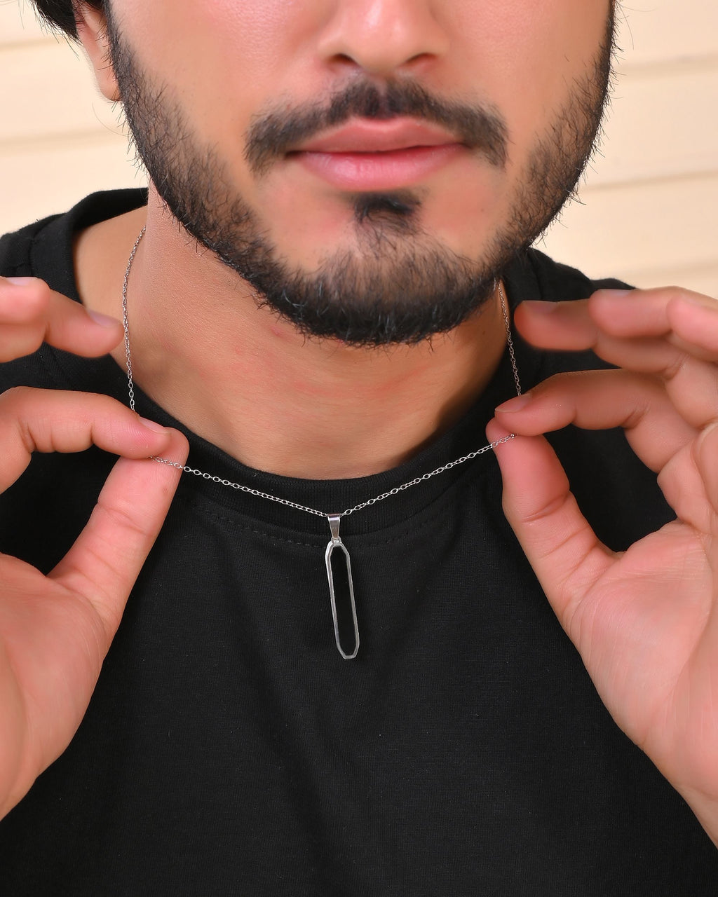 VOJ Men's Stainless Steel Silver Plated Chain With Geometrical Shaped Pendant