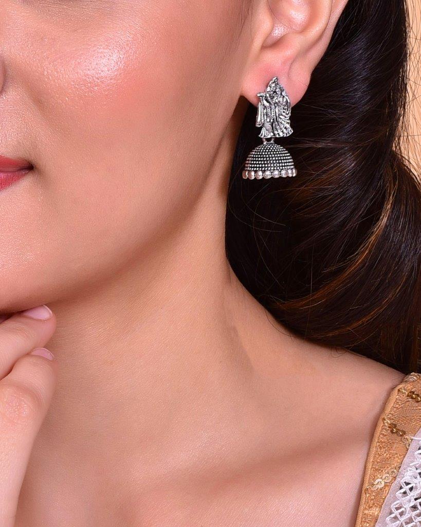 VOJ Kanha Studded Oxidised Silver Plated Contemporary Jhumka