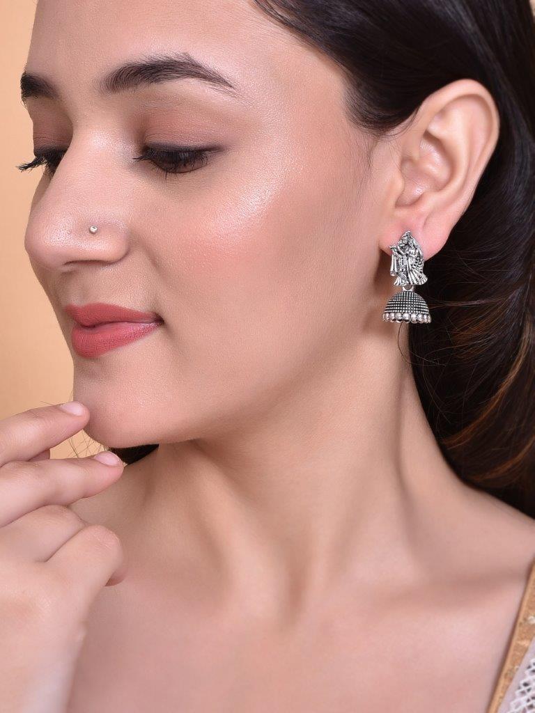 VOJ Kanha Studded Oxidised Silver Plated Contemporary Jhumka