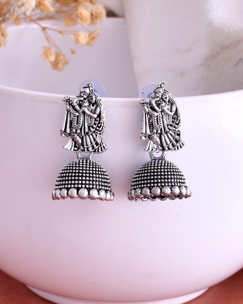 VOJ Kanha Studded Oxidised Silver Plated Contemporary Jhumka