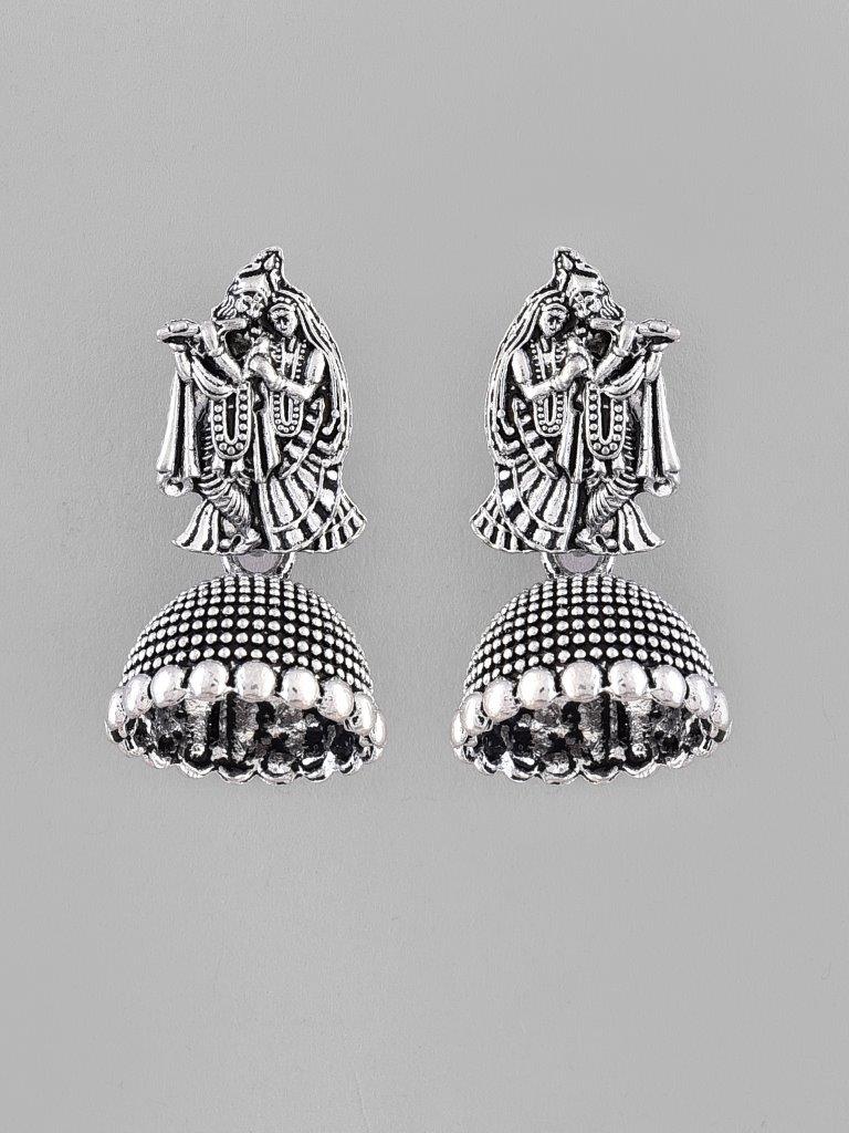 VOJ Kanha Studded Oxidised Silver Plated Contemporary Jhumka