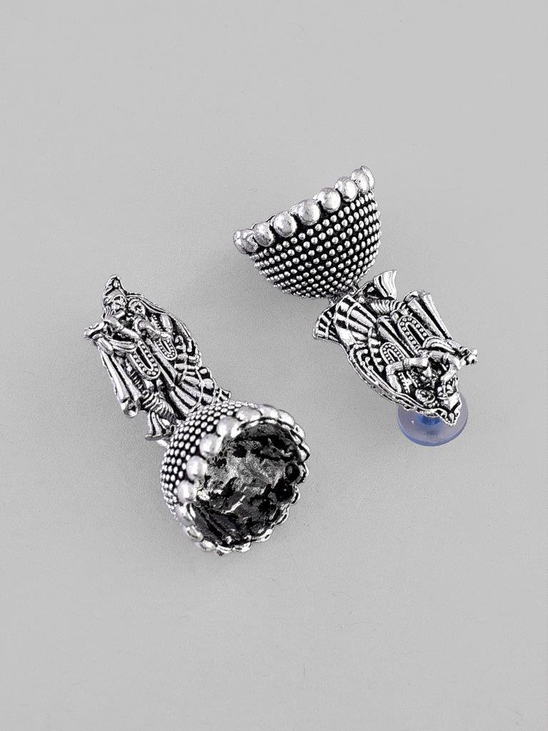 VOJ Kanha Studded Oxidised Silver Plated Contemporary Jhumka