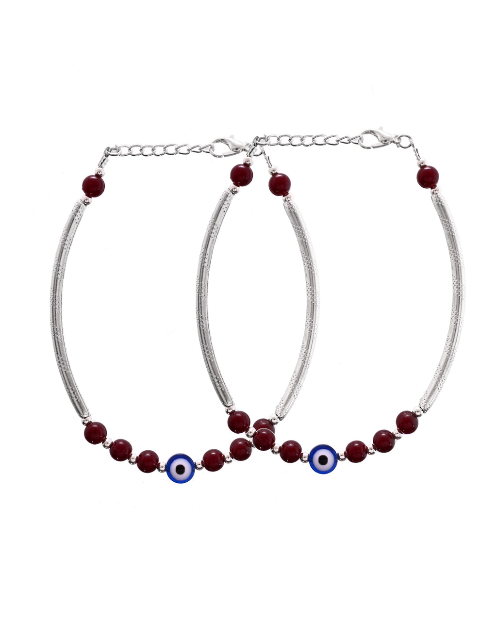 VOJ Set of 2 Silver Plated Artificial Beads Studded Evil Eye Anklet