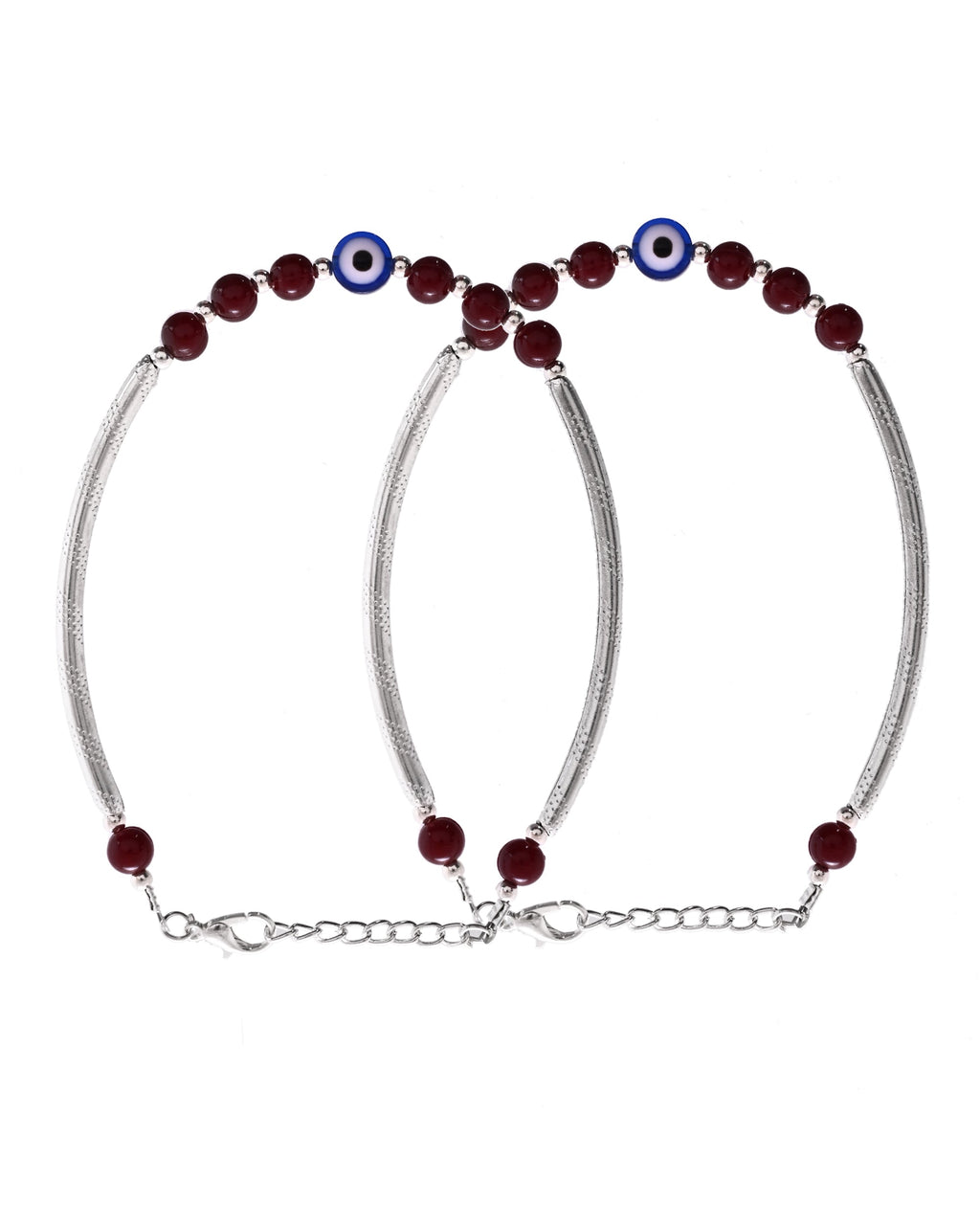 VOJ Set of 2 Silver Plated Artificial Beads Studded Evil Eye Anklet
