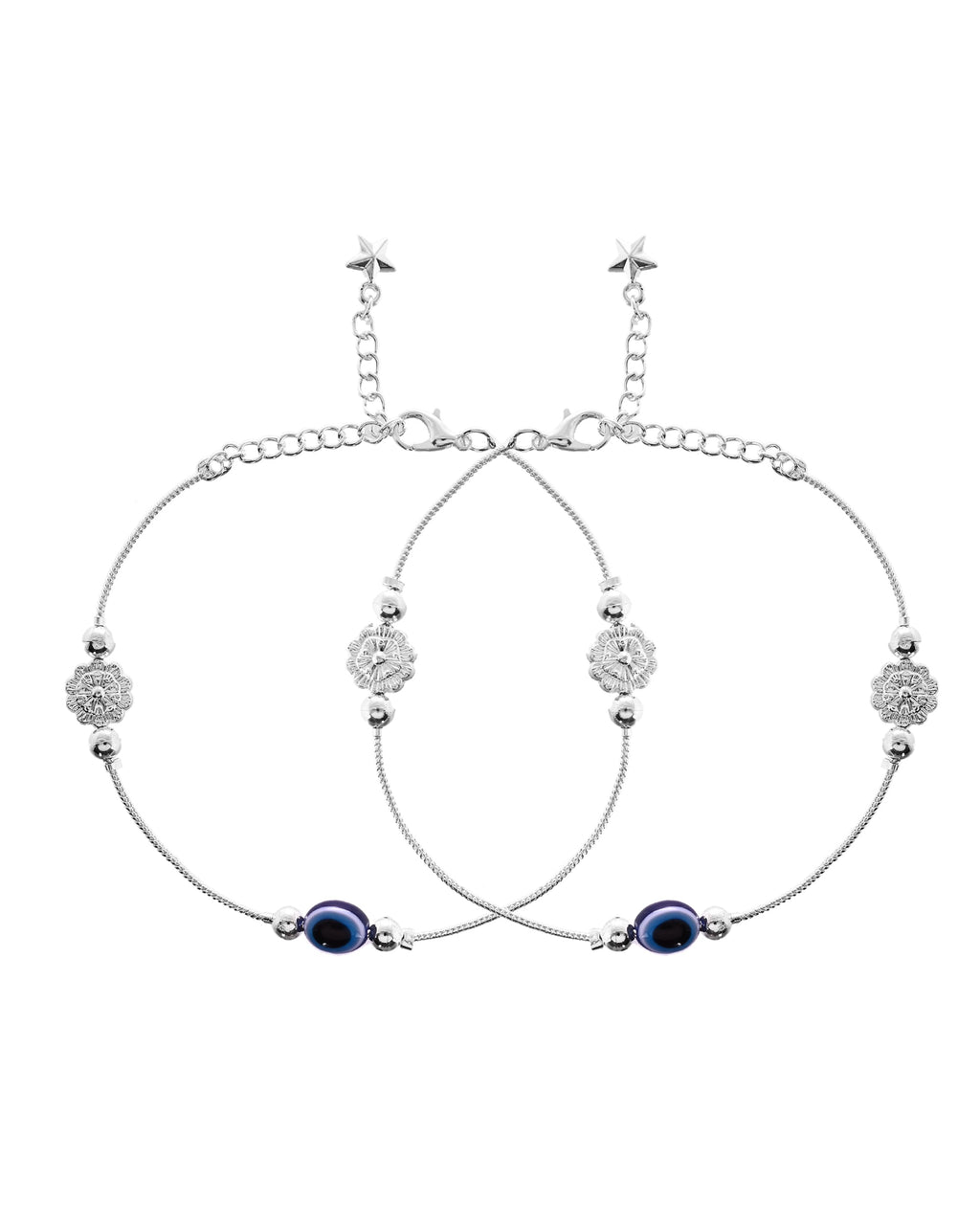 VOJ Set of 2 Silver Plated Evil Eye Bead Studded Stainless Steel Anklet