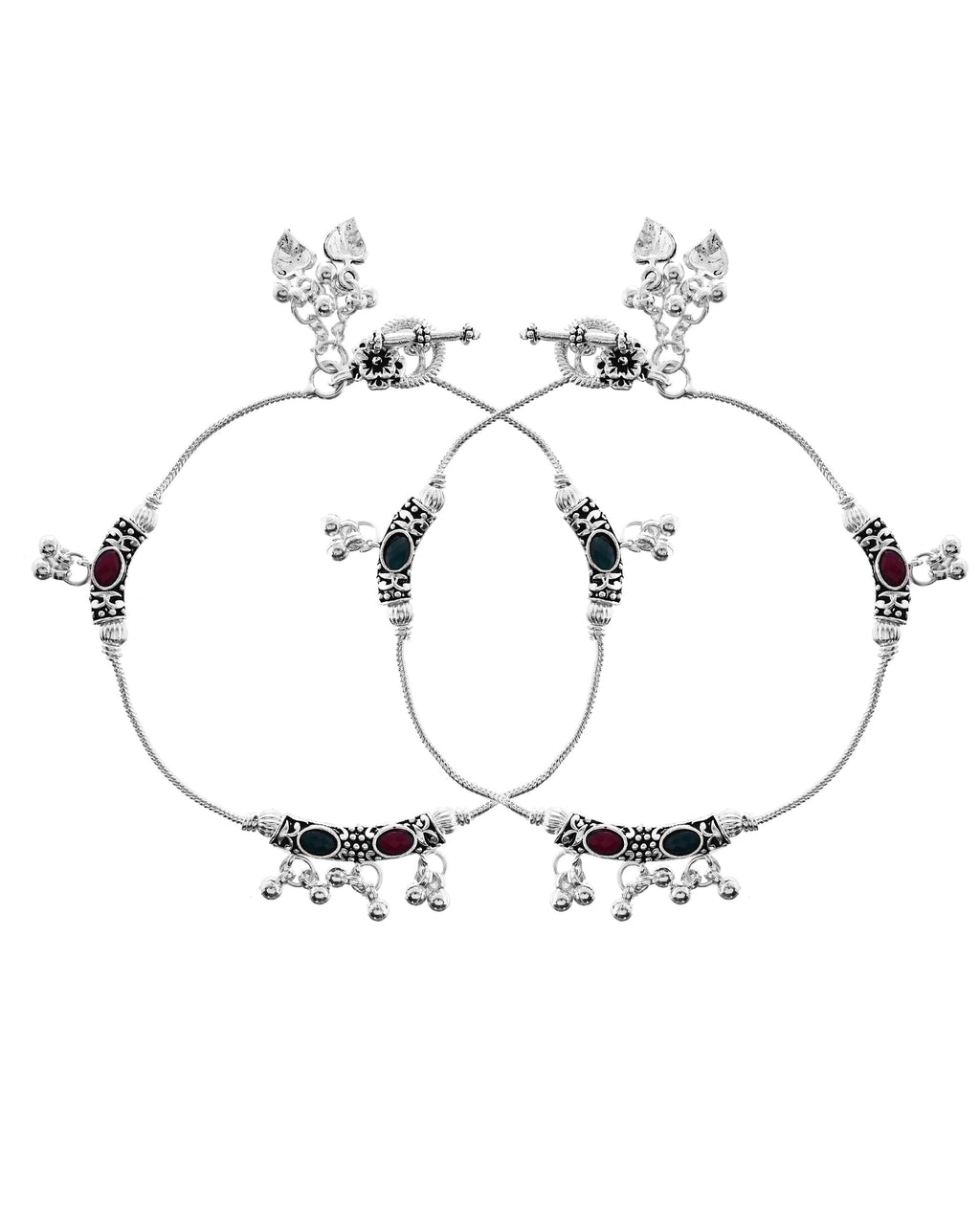 VOJ Set of 2 Silver Toned Meenakari Designed Stainless Steel Anklet