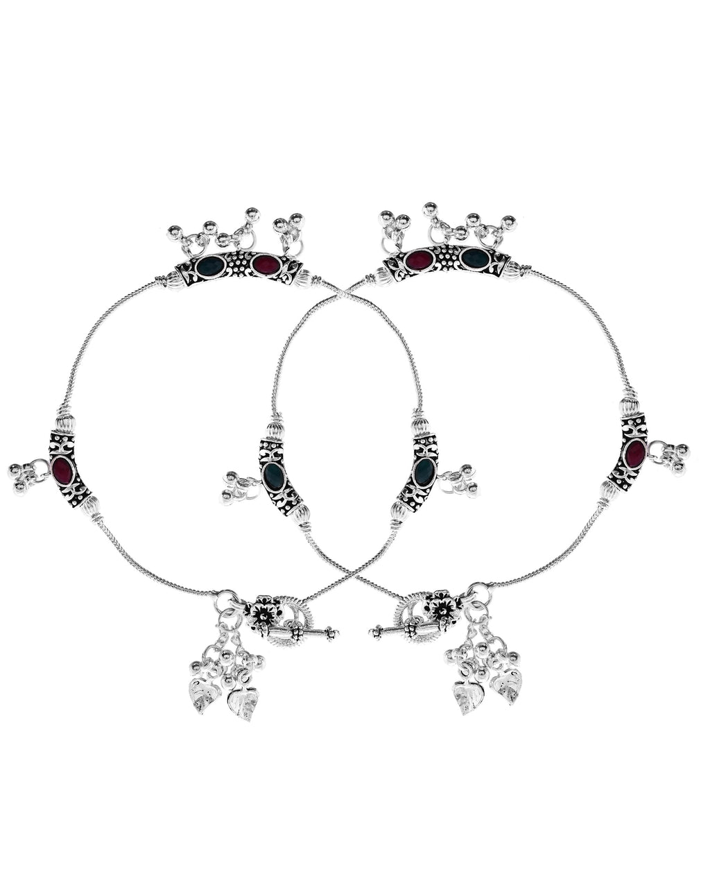 VOJ Set of 2 Silver Toned Meenakari Designed Stainless Steel Anklet