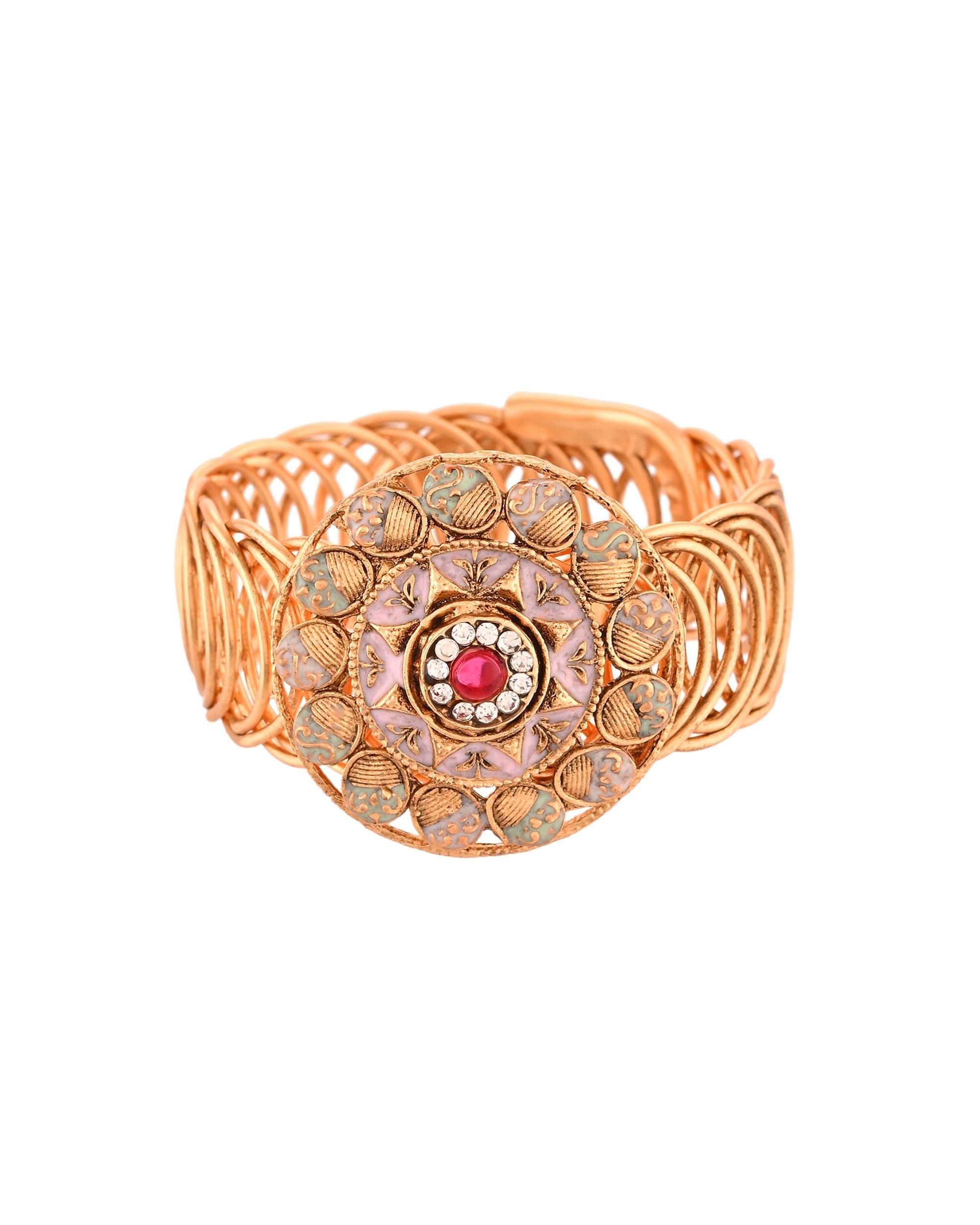 VOJ Stainless Steel Gold Polished Kundan Studded Wraparound Circular Bracelet