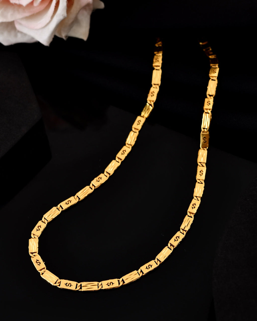 VOJ Men's Gold Polished Stainless Steel Biscuit Chain With Hand Crafted Design