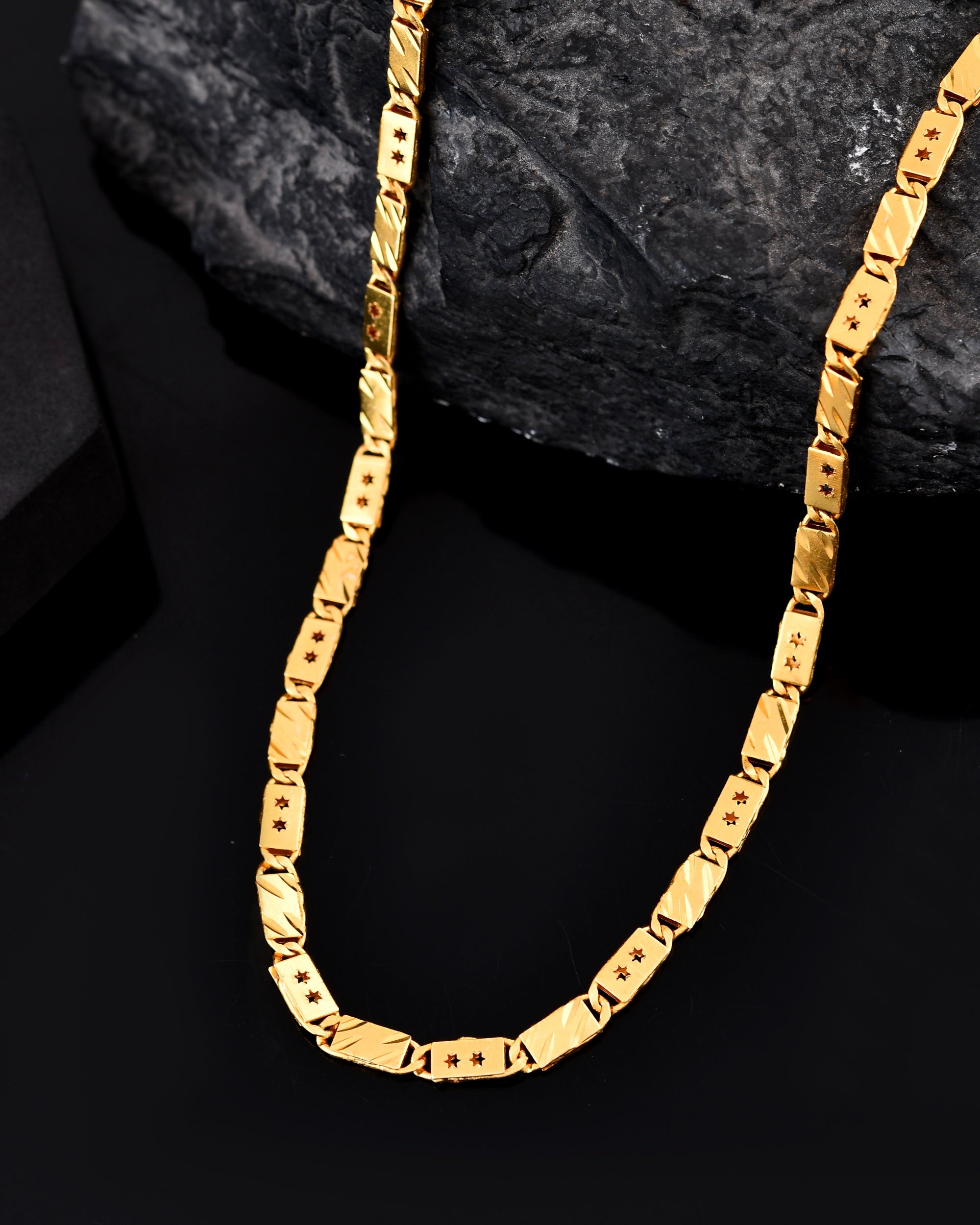 VOJ Men's Gold Polished Stainless Steel With Hand Crafted Design Biscuit Chain