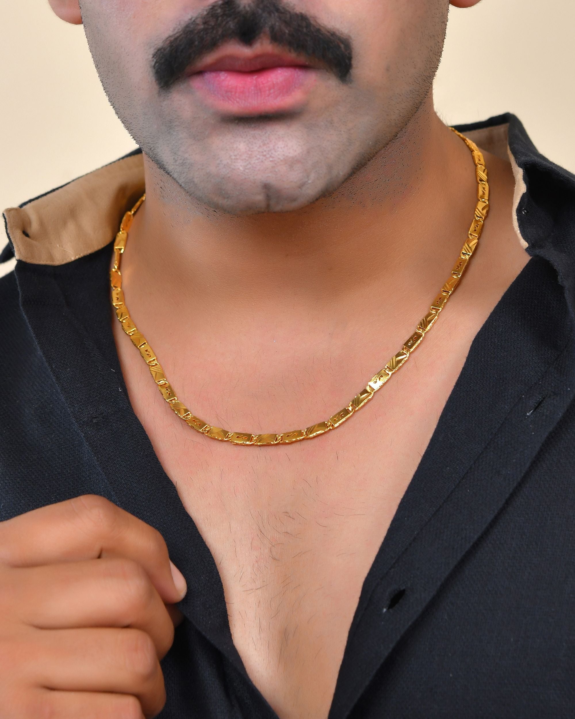 VOJ Men's Gold Polished Stainless Steel Biscuit Chain With Hand Crafted Design