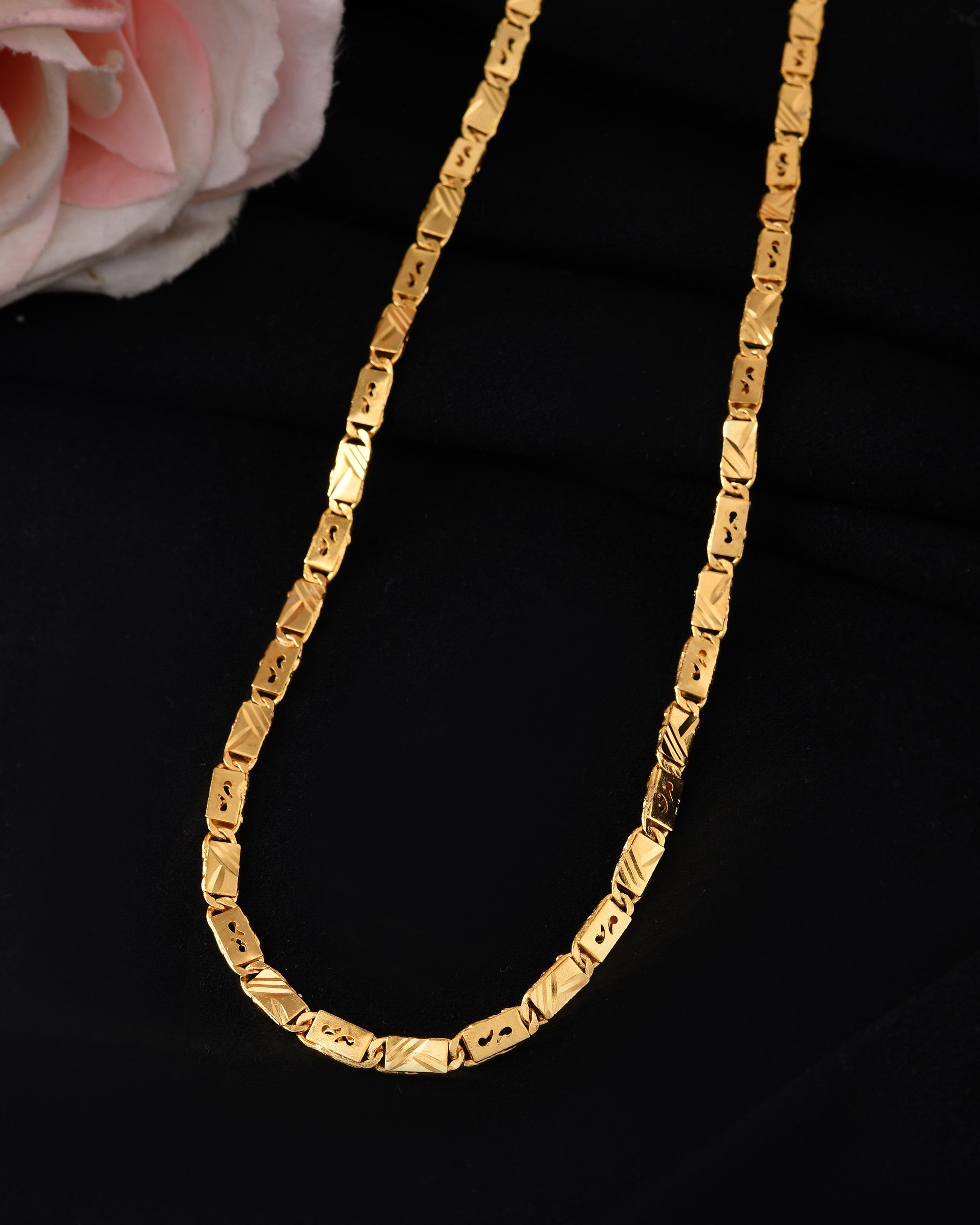 VOJ Men's Gold Polished Stainless Steel Biscuit Chain With Hand Crafted Design