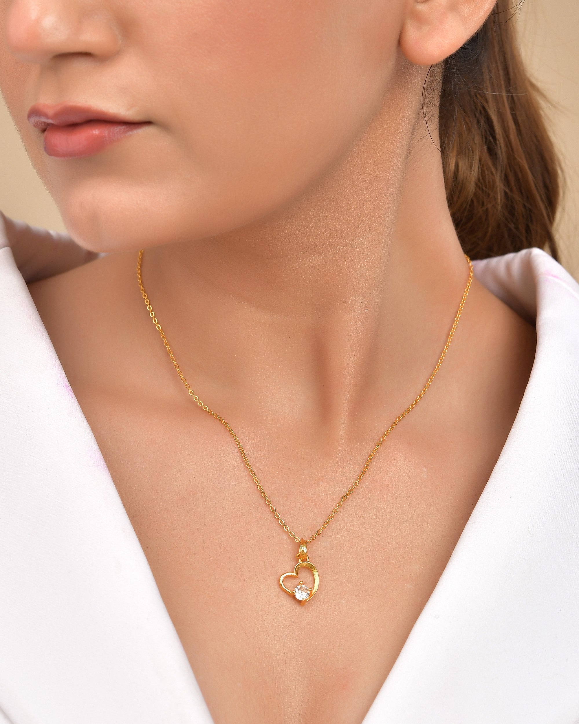 VOJ Gold Polished Chain With Heart Shaped Stone Studded Pendant