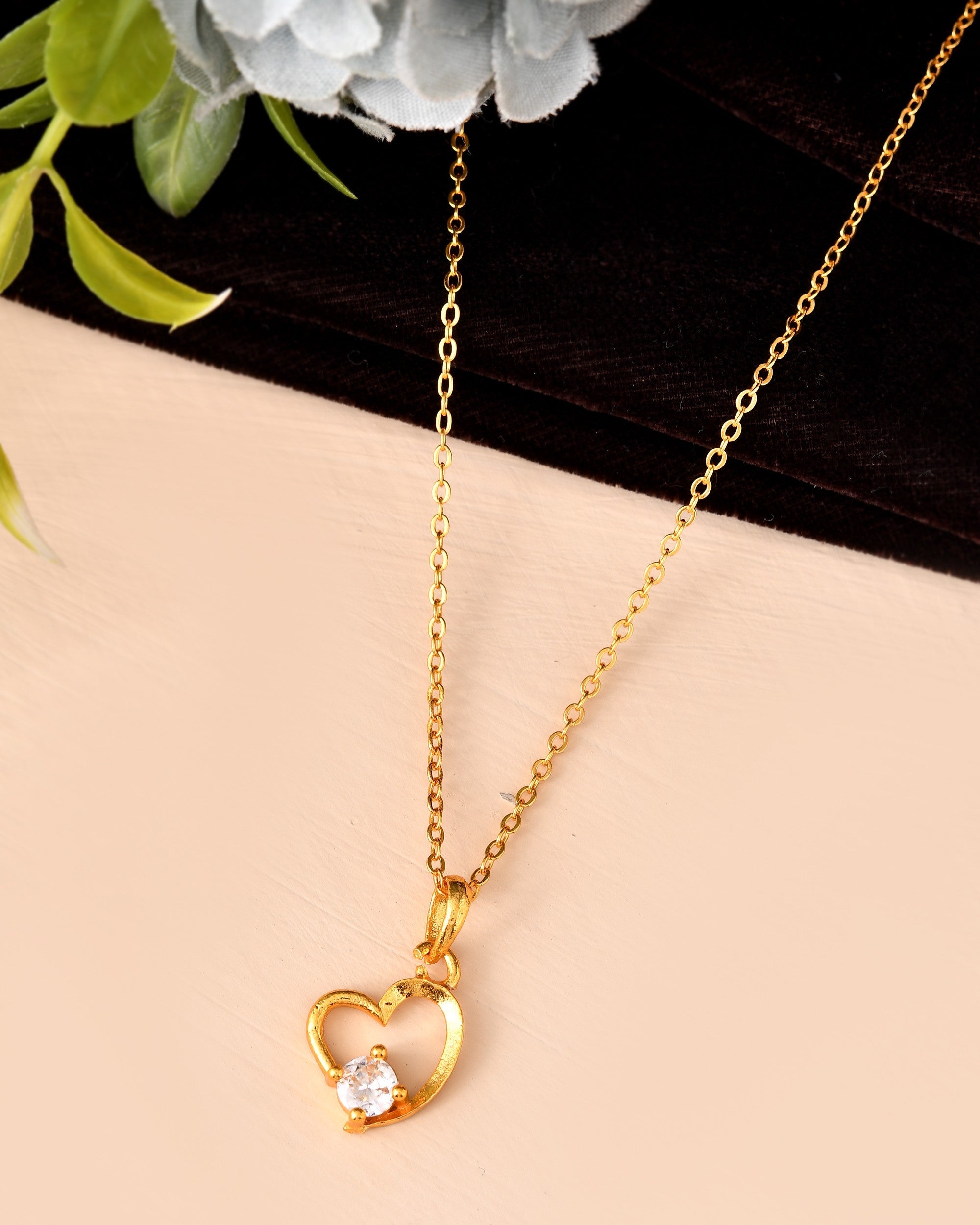 VOJ Gold Polished Chain With Heart Shaped Stone Studded Pendant