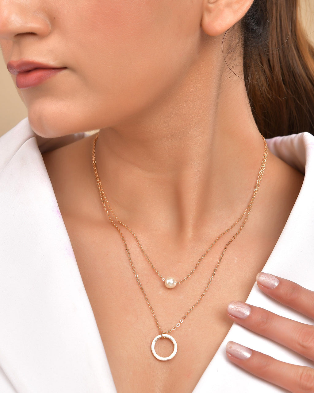 VOJ Gold Polished Multi Layer Pearl Studded Designer Chain
