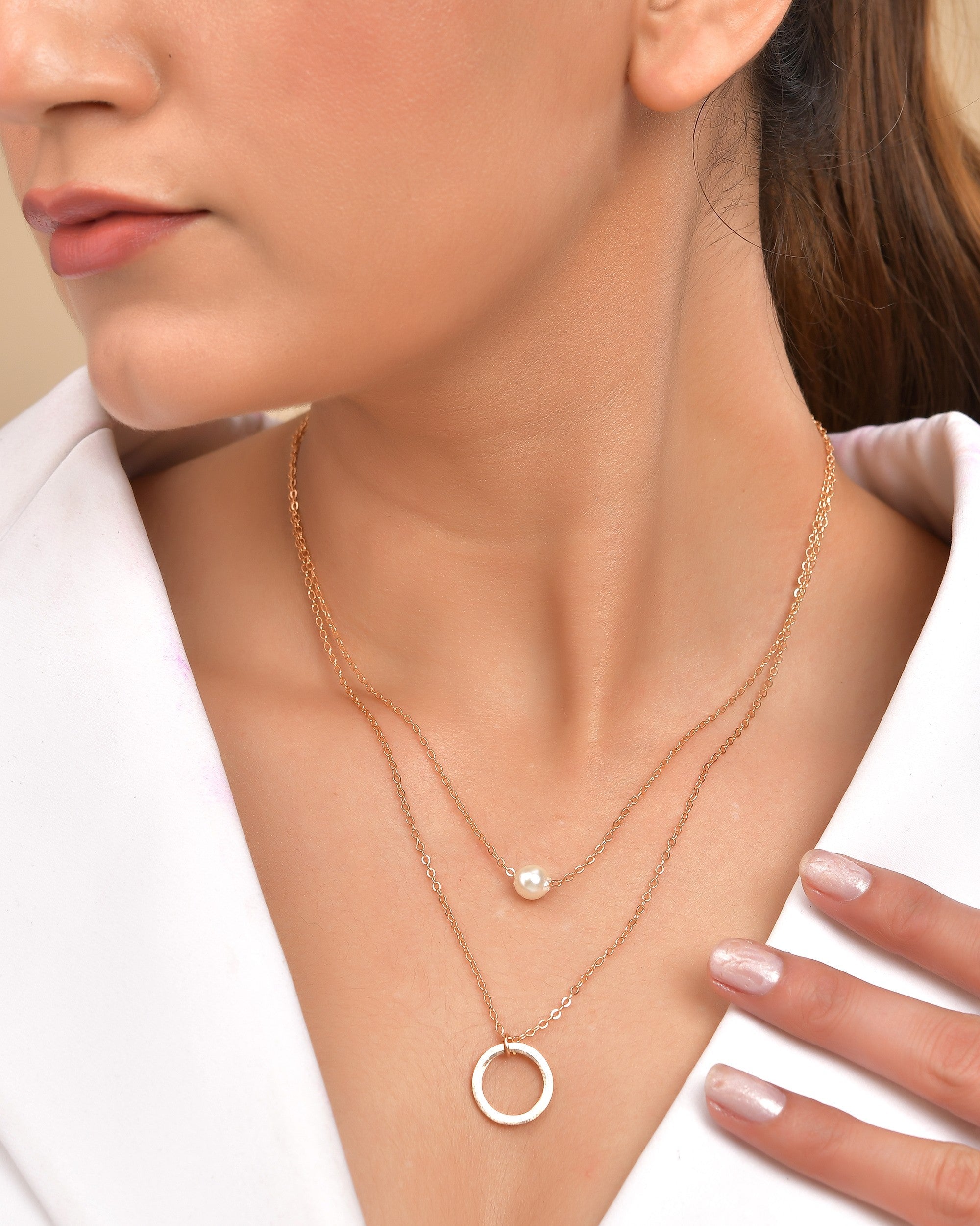 VOJ Gold Polished Multi Layer Pearl Studded Designer Chain