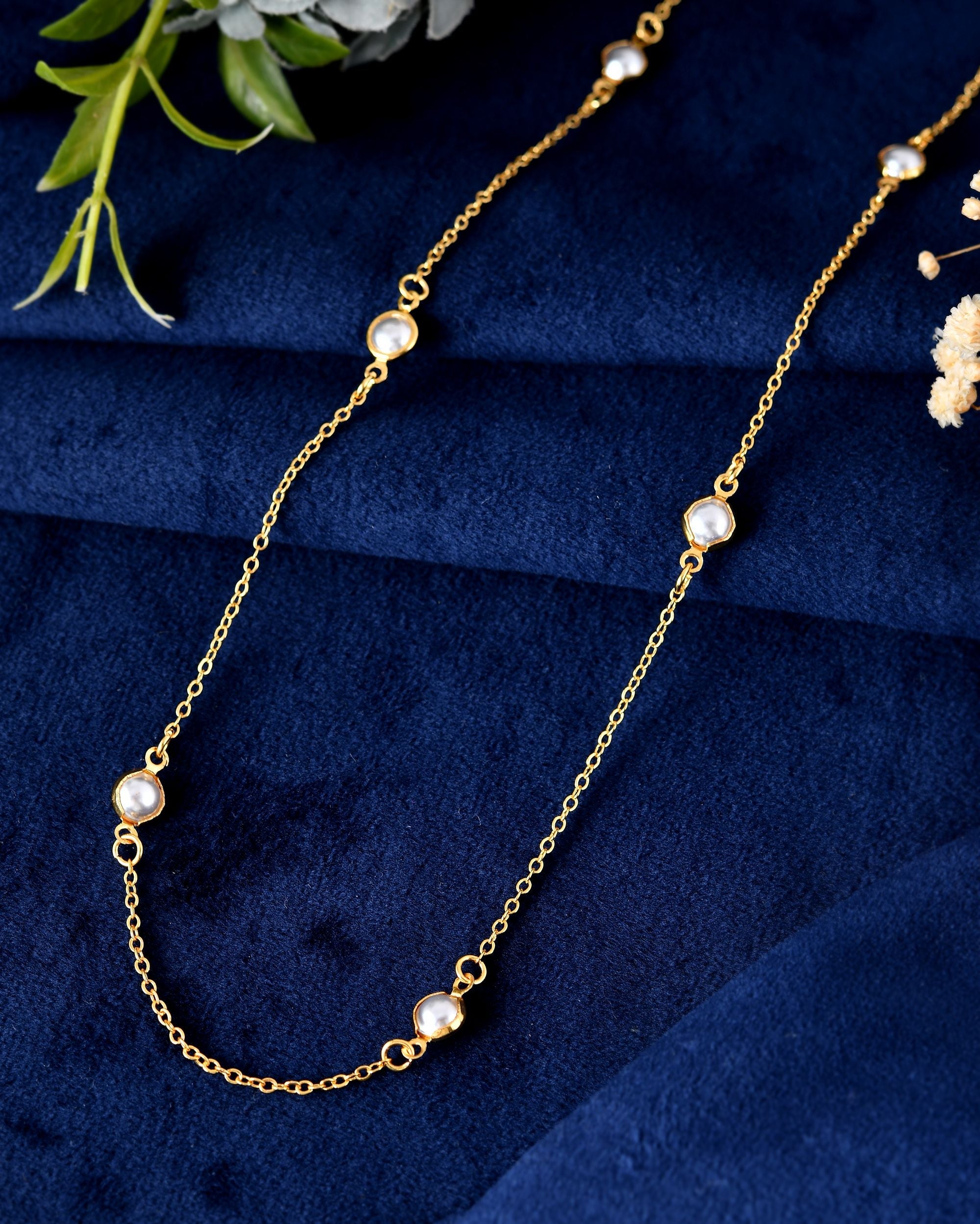 VOJ Gold Polished Women Pearl Studded Stainless Steel Chain