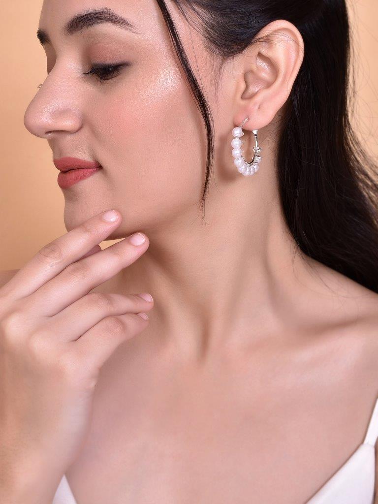 VOJ White Pearl Silver Plated Hoops Earrings