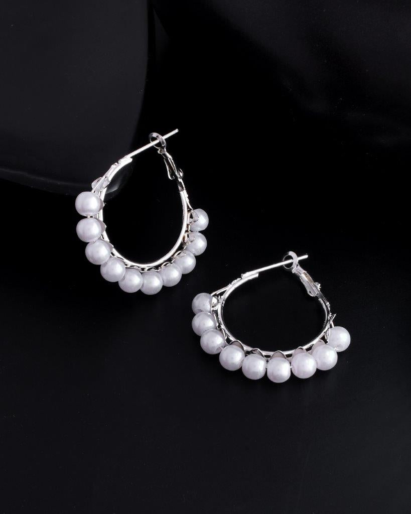 VOJ White Pearl Silver Plated Hoops Earrings