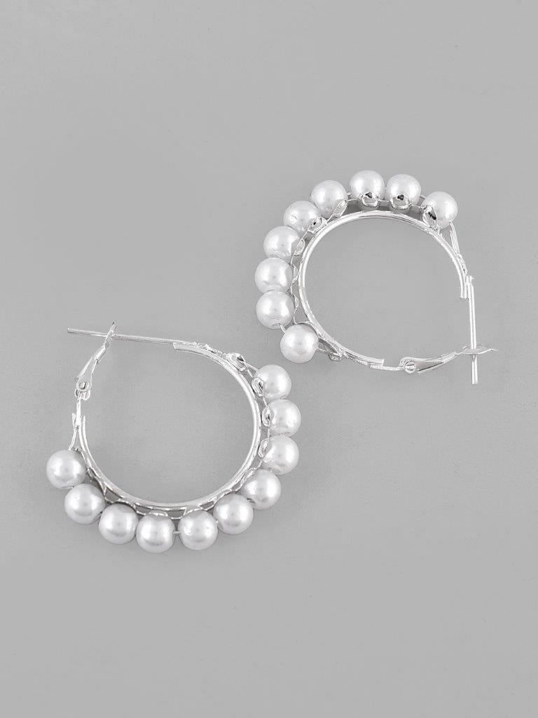 VOJ White Pearl Silver Plated Hoops Earrings