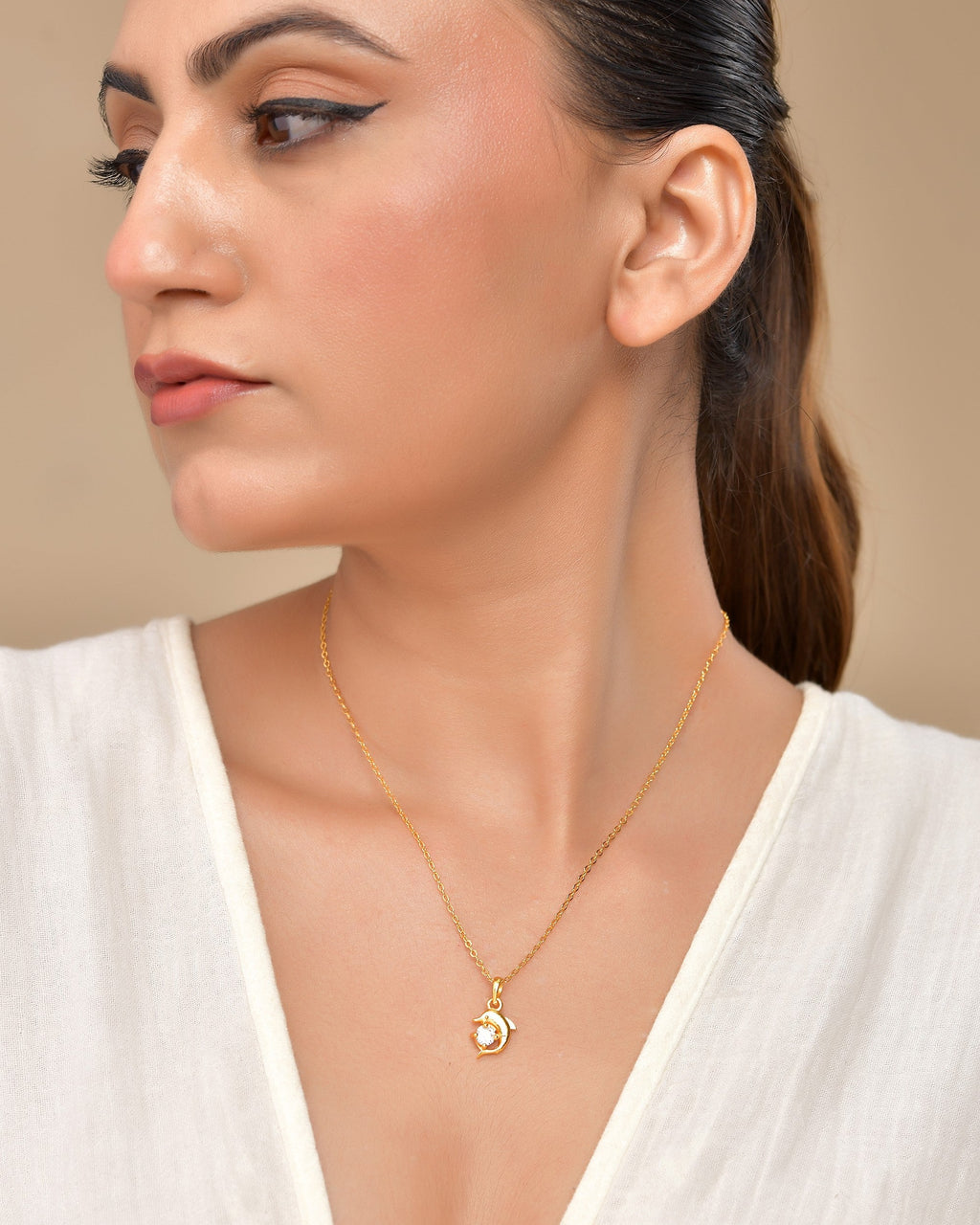 VOJ Gold Polished Chain With Fish Shaped Stone Studded Pendant