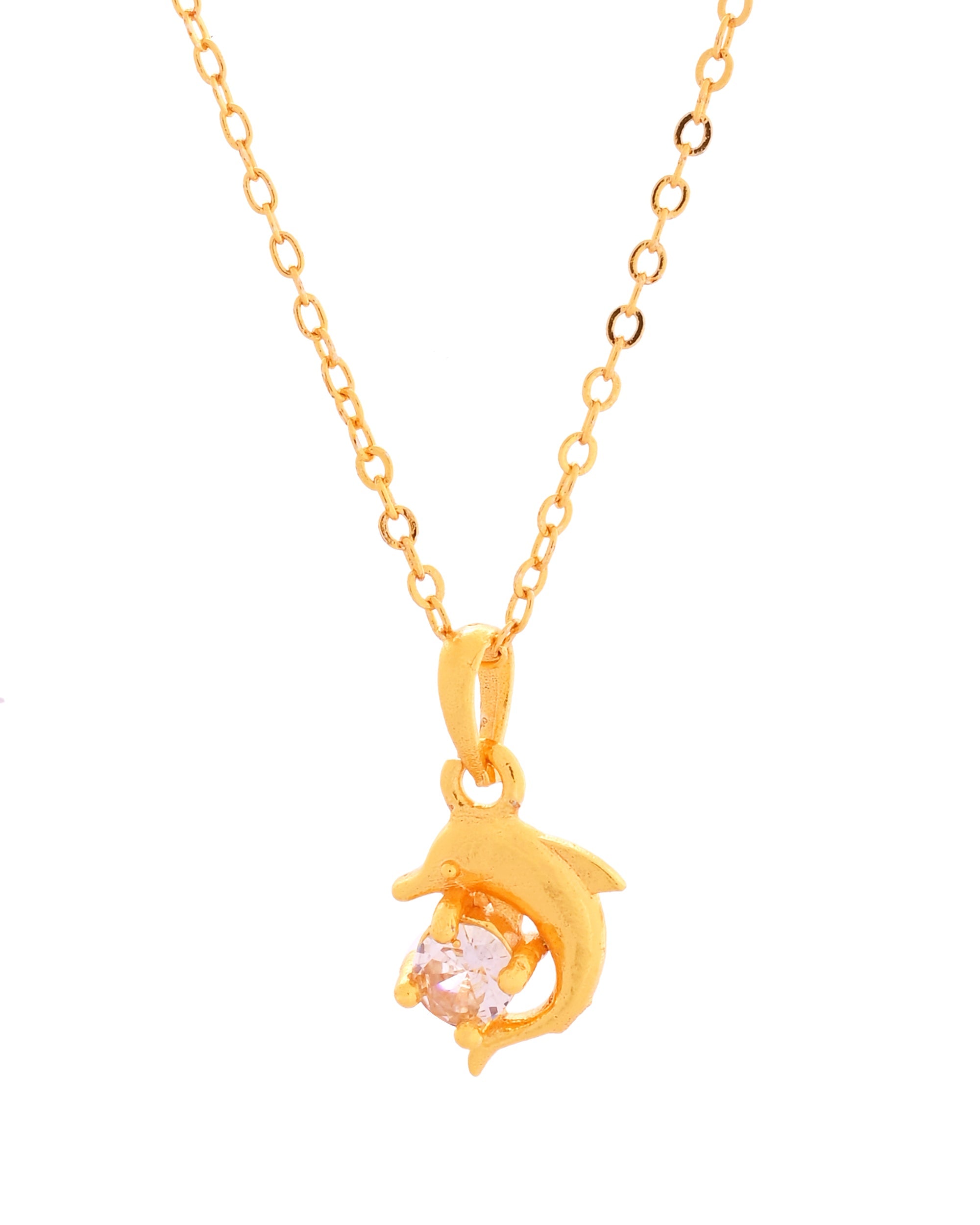 VOJ Gold Polished Chain With Fish Shaped Stone Studded Pendant
