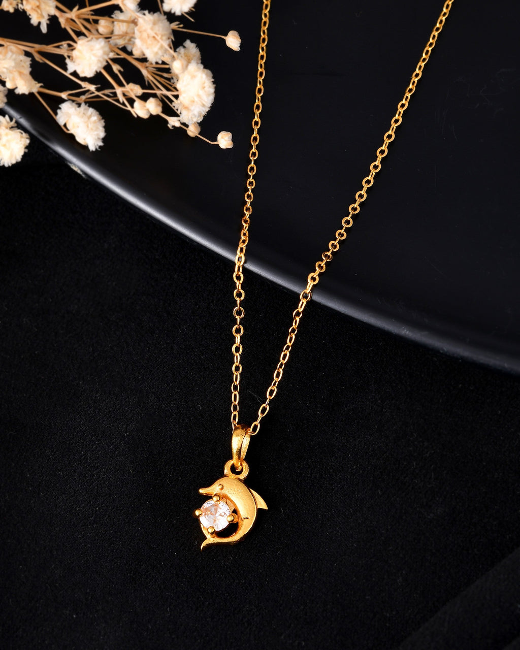VOJ Gold Polished Chain With Fish Shaped Stone Studded Pendant