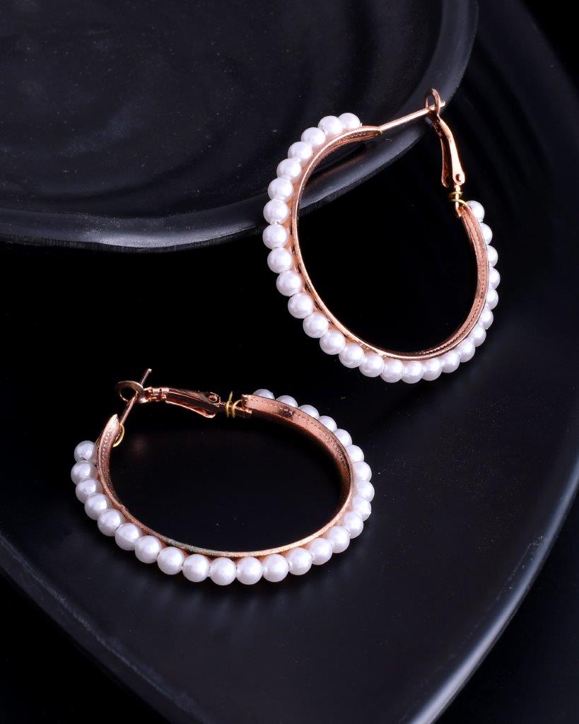 VOJ White Pearl Gold-Polished Hoops Earrings