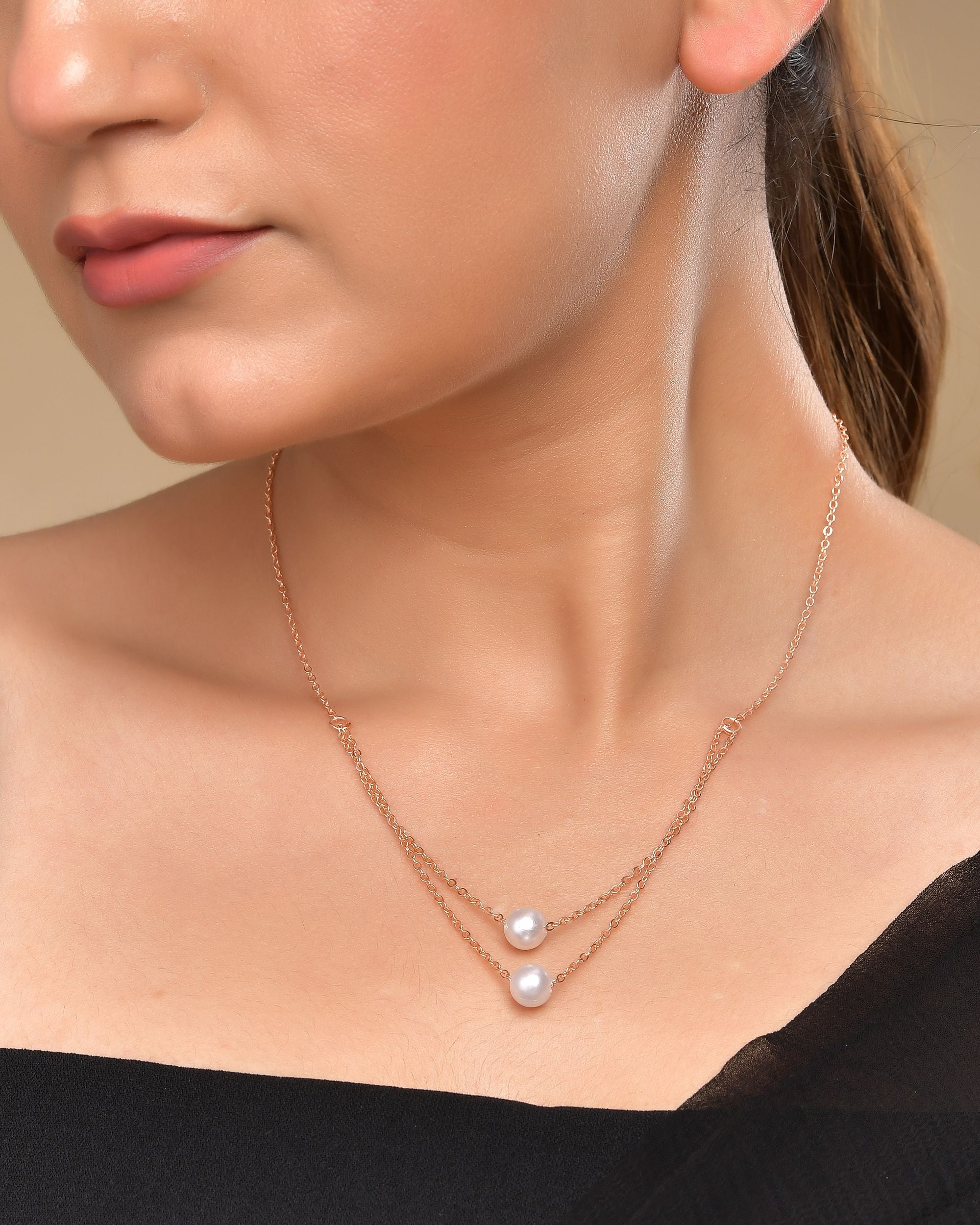 VOJ Gold Polished Pearl Studded Multi Layer Chain
