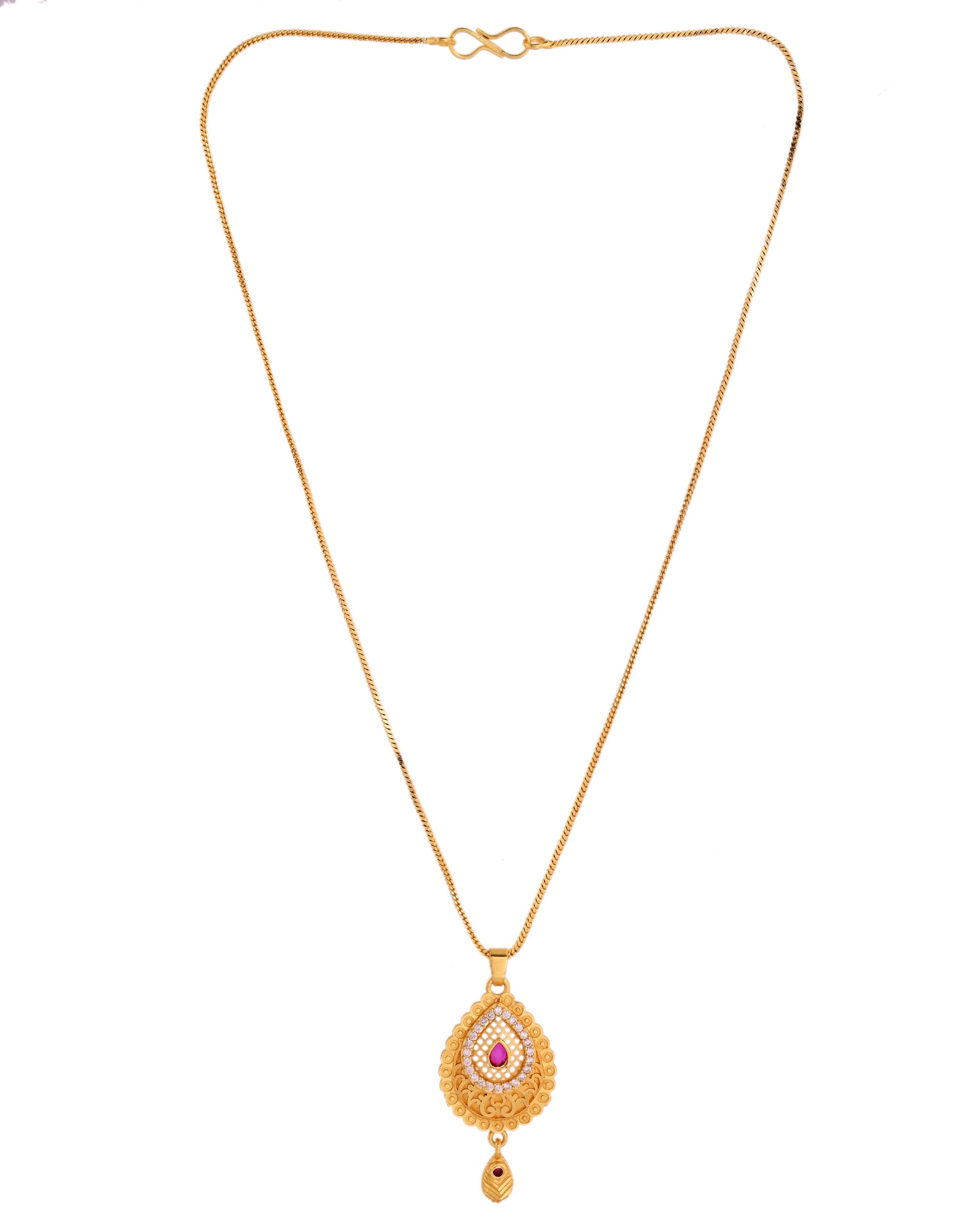VOJ Gold Polished Teardrop Shaped Pendant With Chain Set