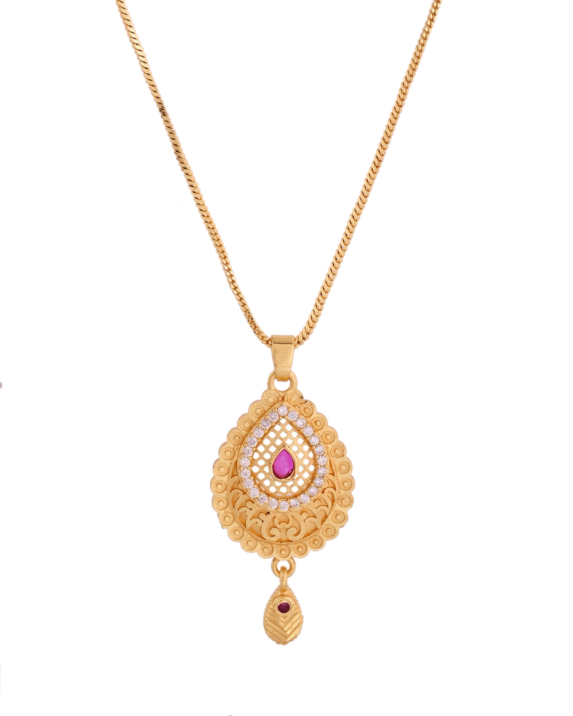 VOJ Gold Polished Teardrop Shaped Pendant With Chain Set