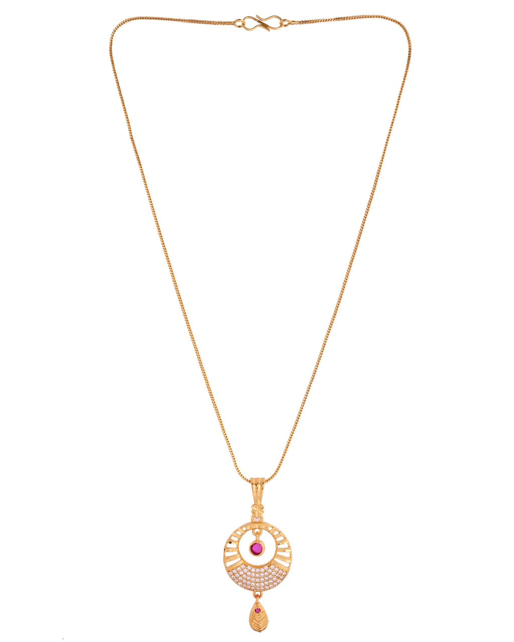VOJ Gold Polished Circular Pendant With Chain And Earrings Set