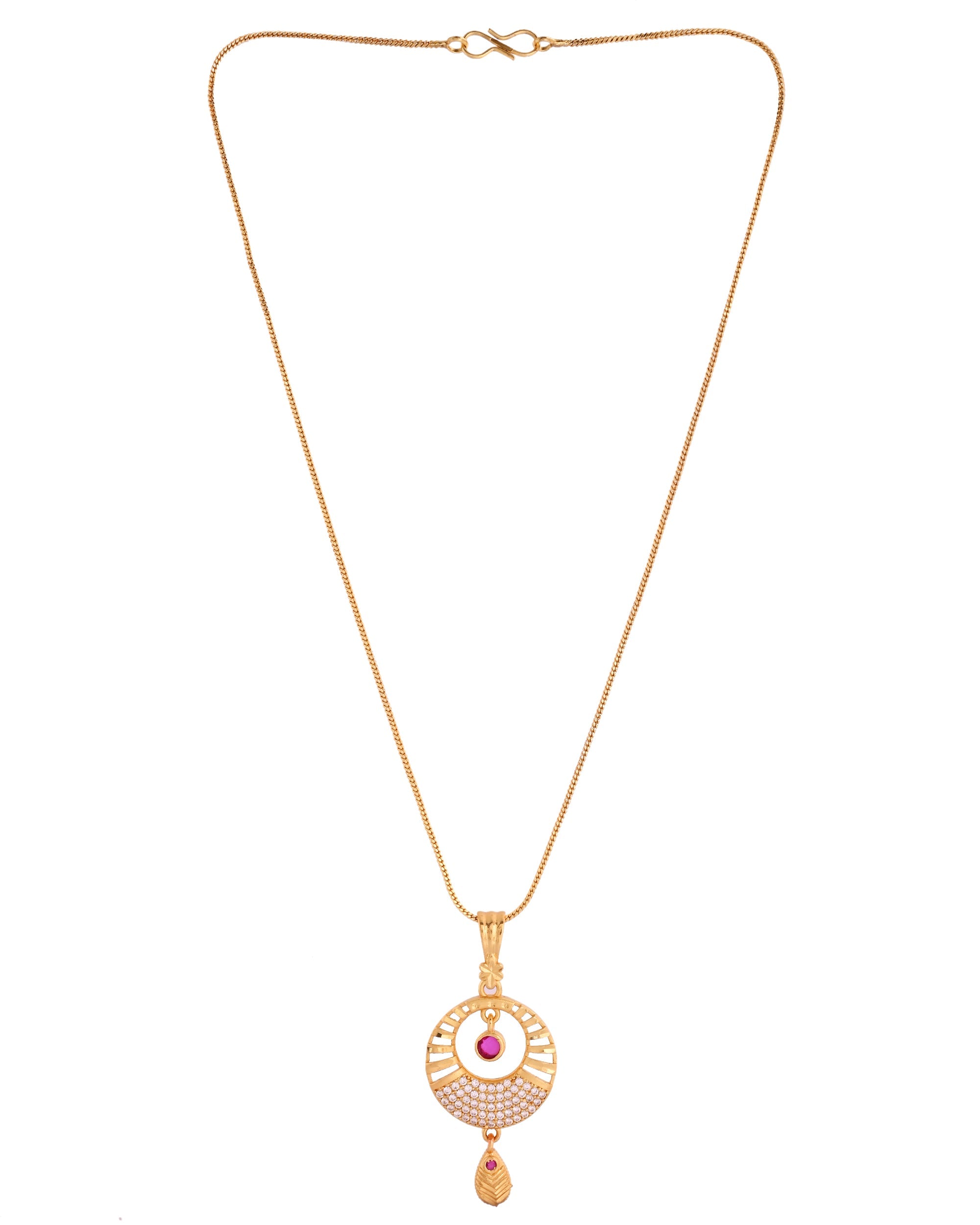 VOJ Gold Polished Circular Pendant With Chain And Earrings Set