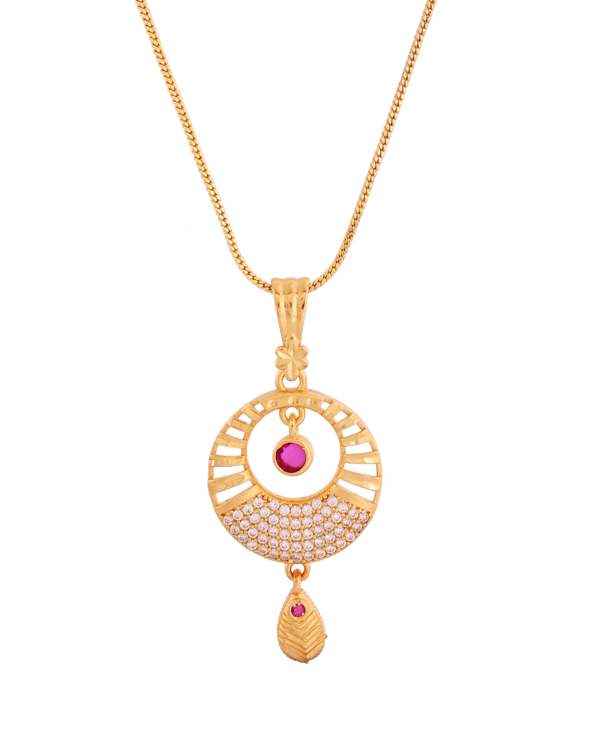 VOJ Gold Polished Circular Pendant With Chain And Earrings Set