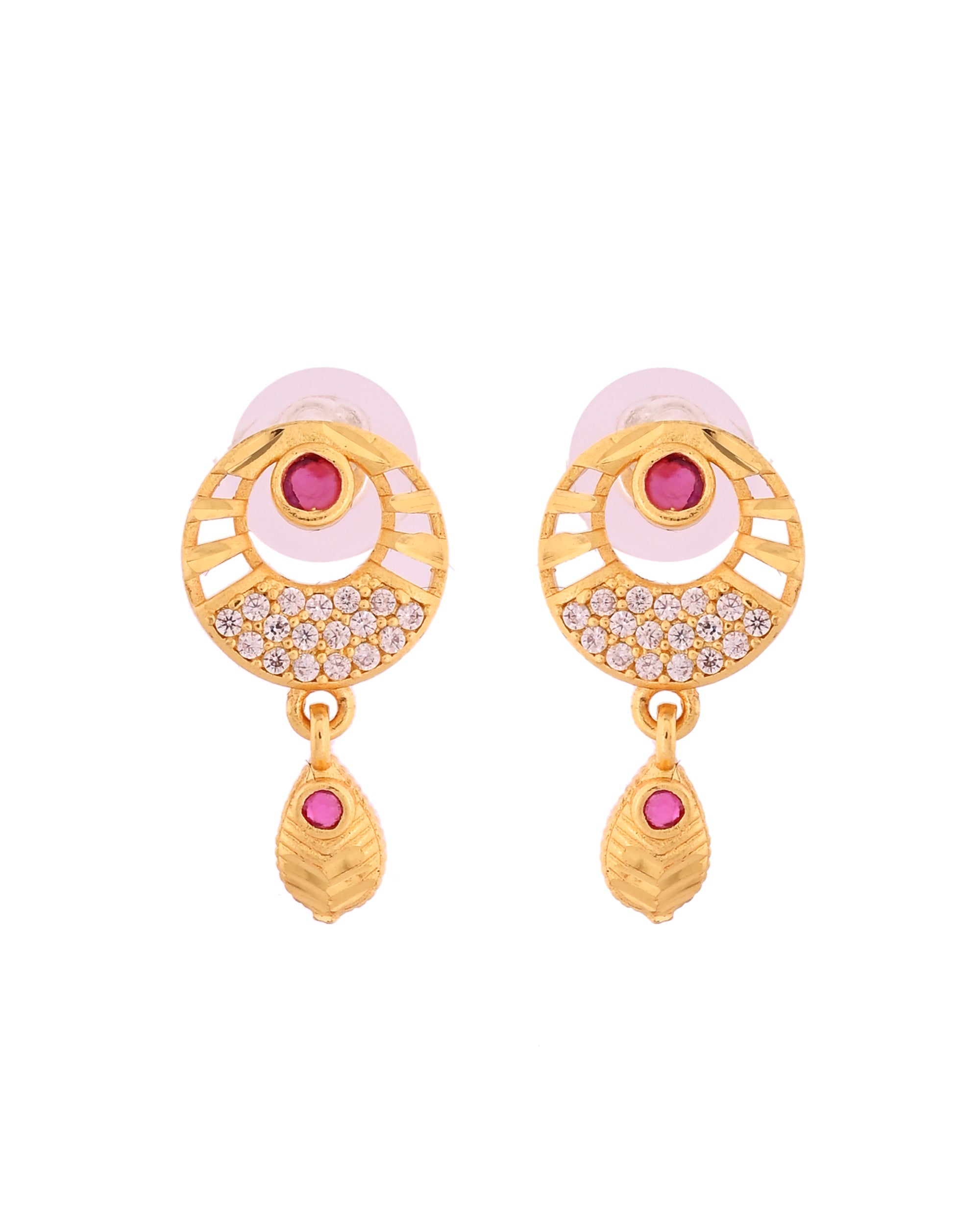 VOJ Gold Polished Circular Pendant With Chain And Earrings Set