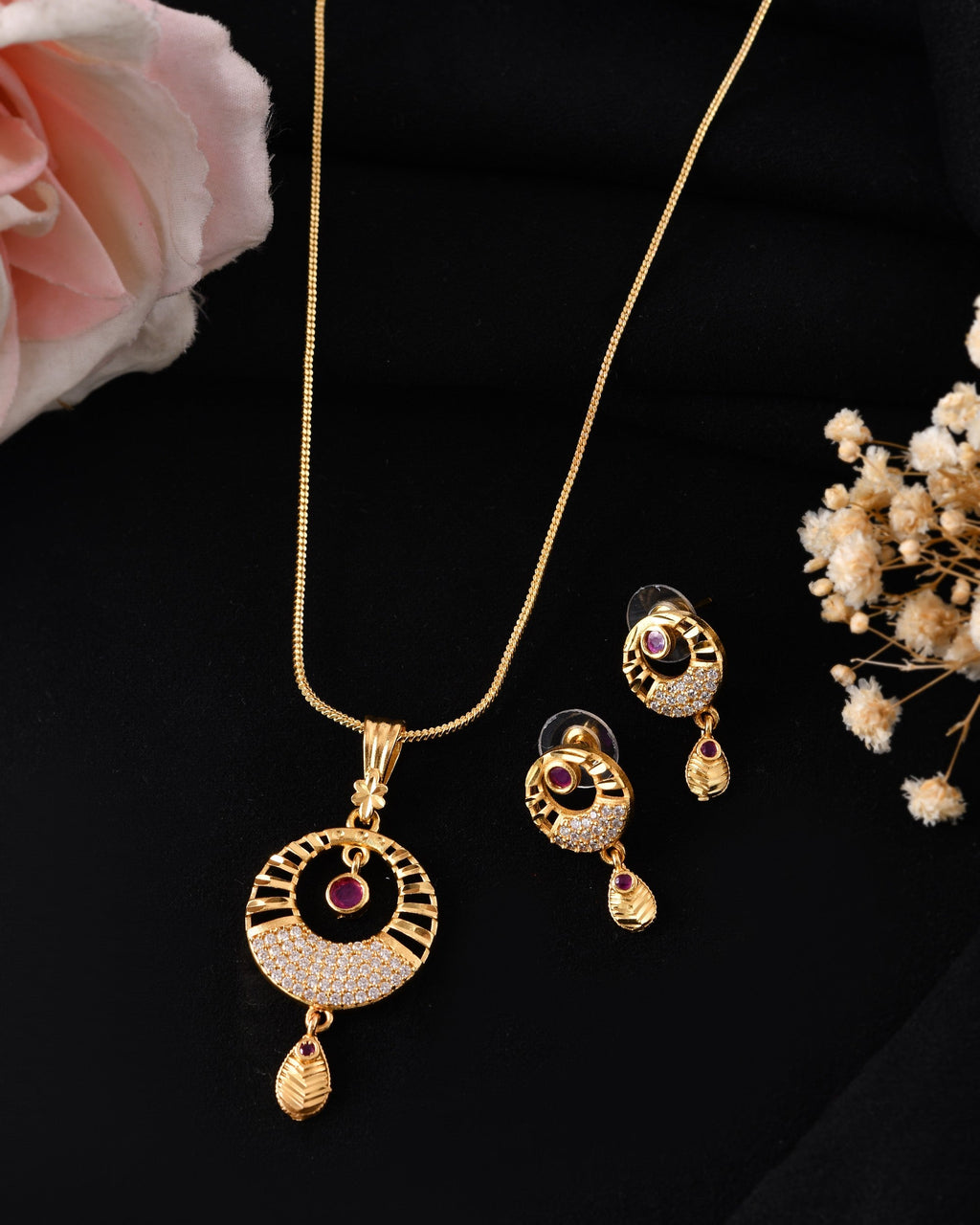 VOJ Gold Polished Circular Pendant With Chain And Earrings Set