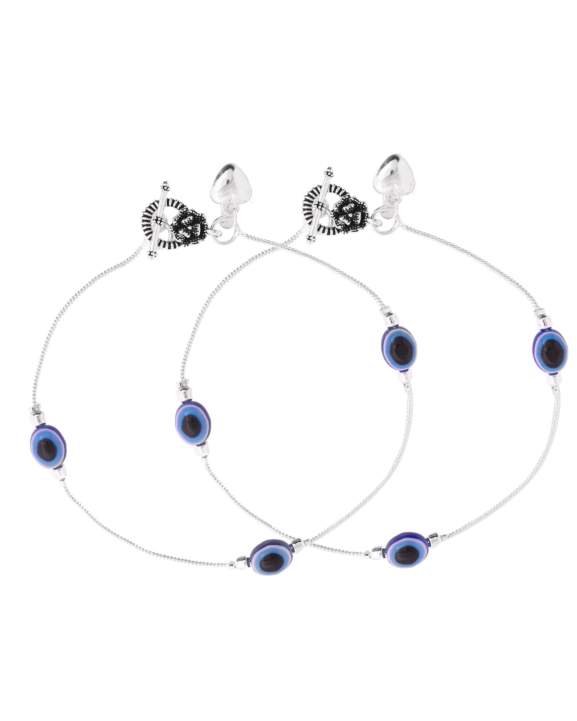 VOJ Set Of 2 Silver-Plated Stainless Steel Evil Eye Studded Anklet