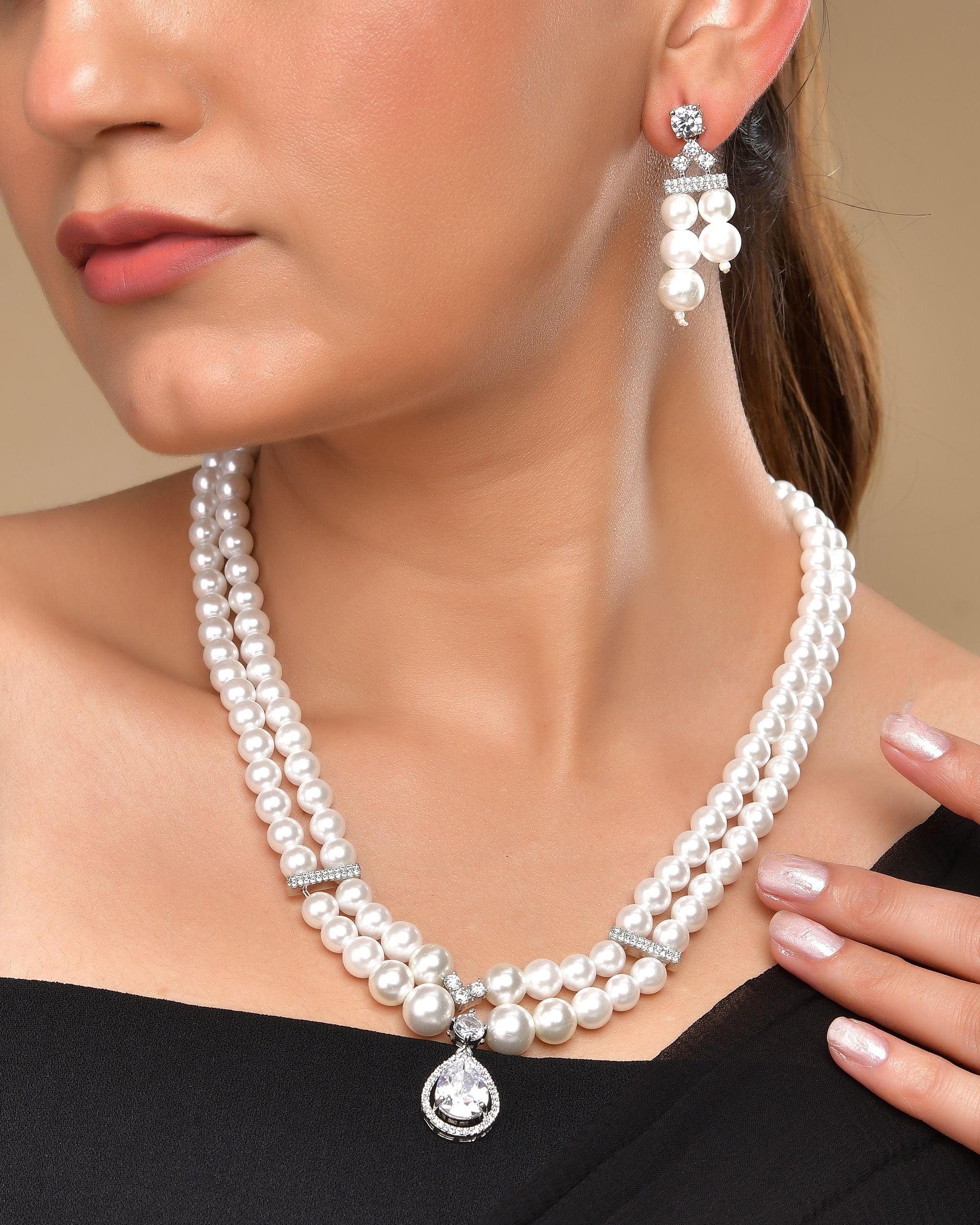 VOJ Silver Plated Pearl & Ad Studded Designer Jewellery Set