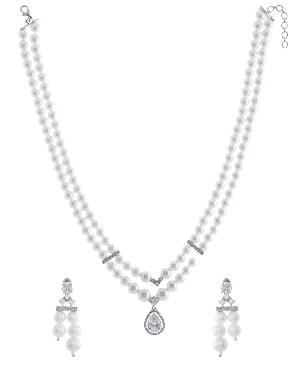 VOJ Silver Plated Pearl & Ad Studded Designer Jewellery Set