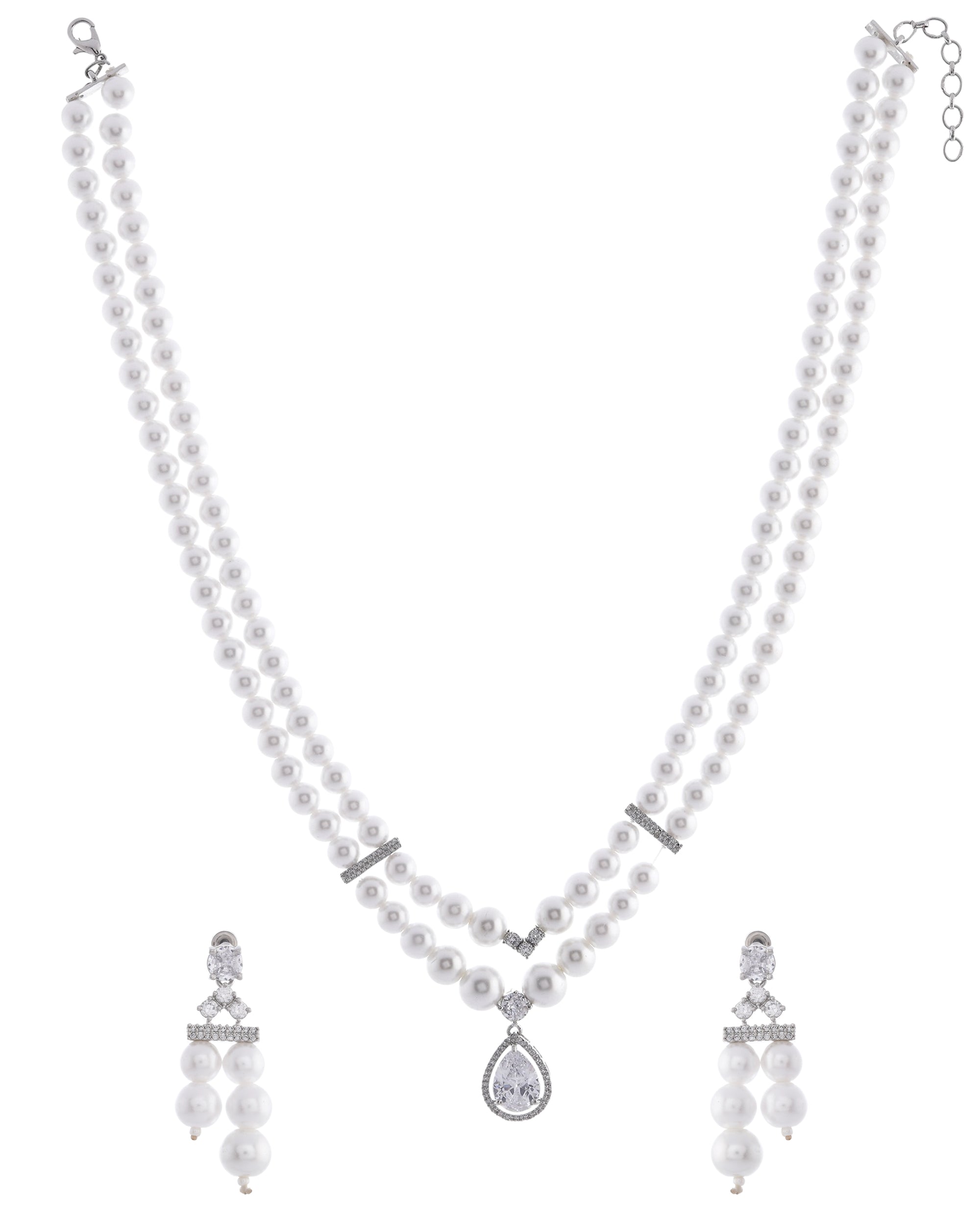 VOJ Silver Plated Pearl & Ad Studded Designer Jewellery Set