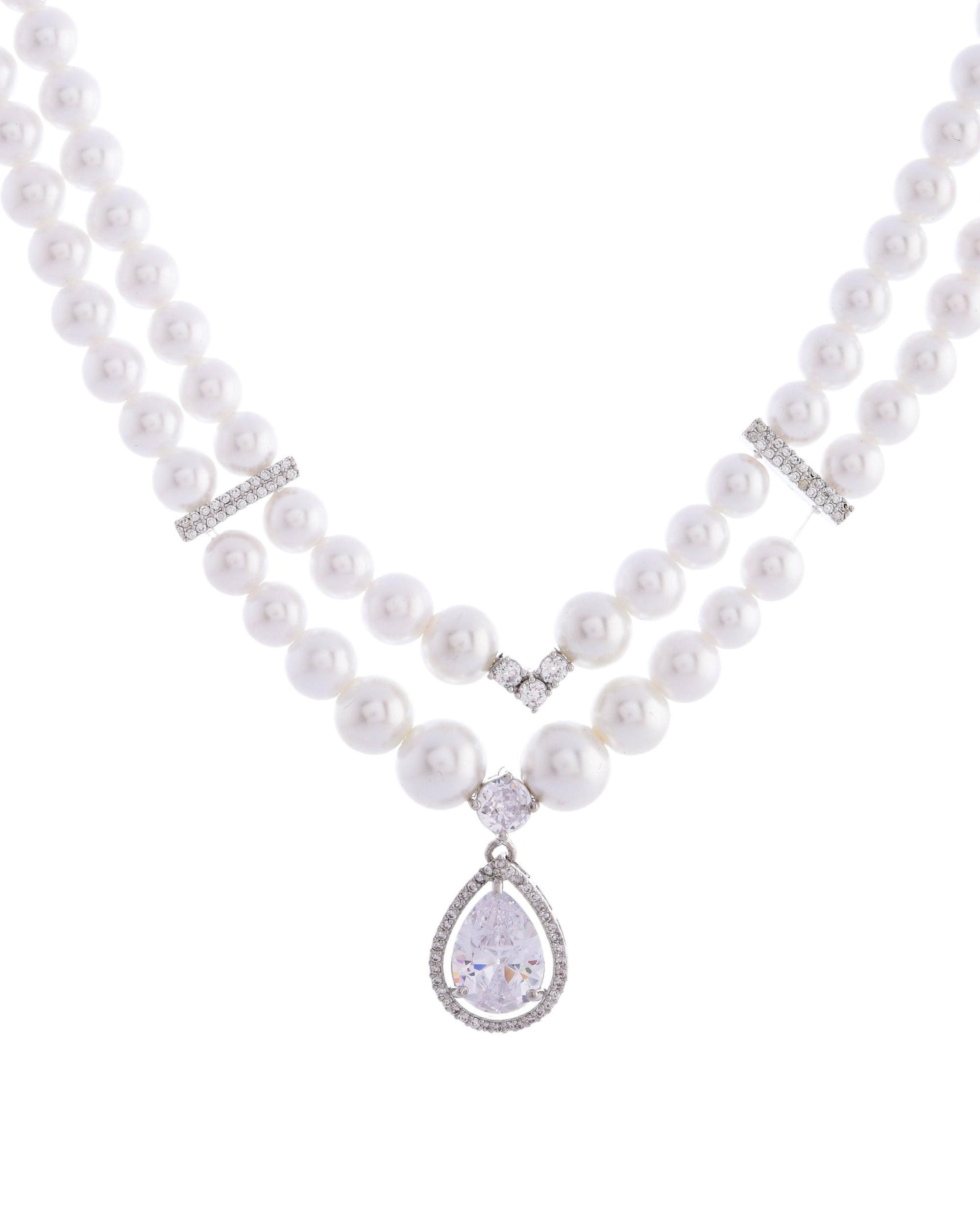 VOJ Silver Plated Pearl & Ad Studded Designer Jewellery Set