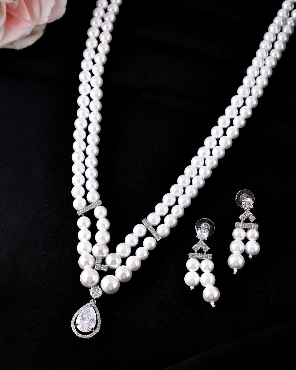 VOJ Silver Plated Pearl & Ad Studded Designer Jewellery Set