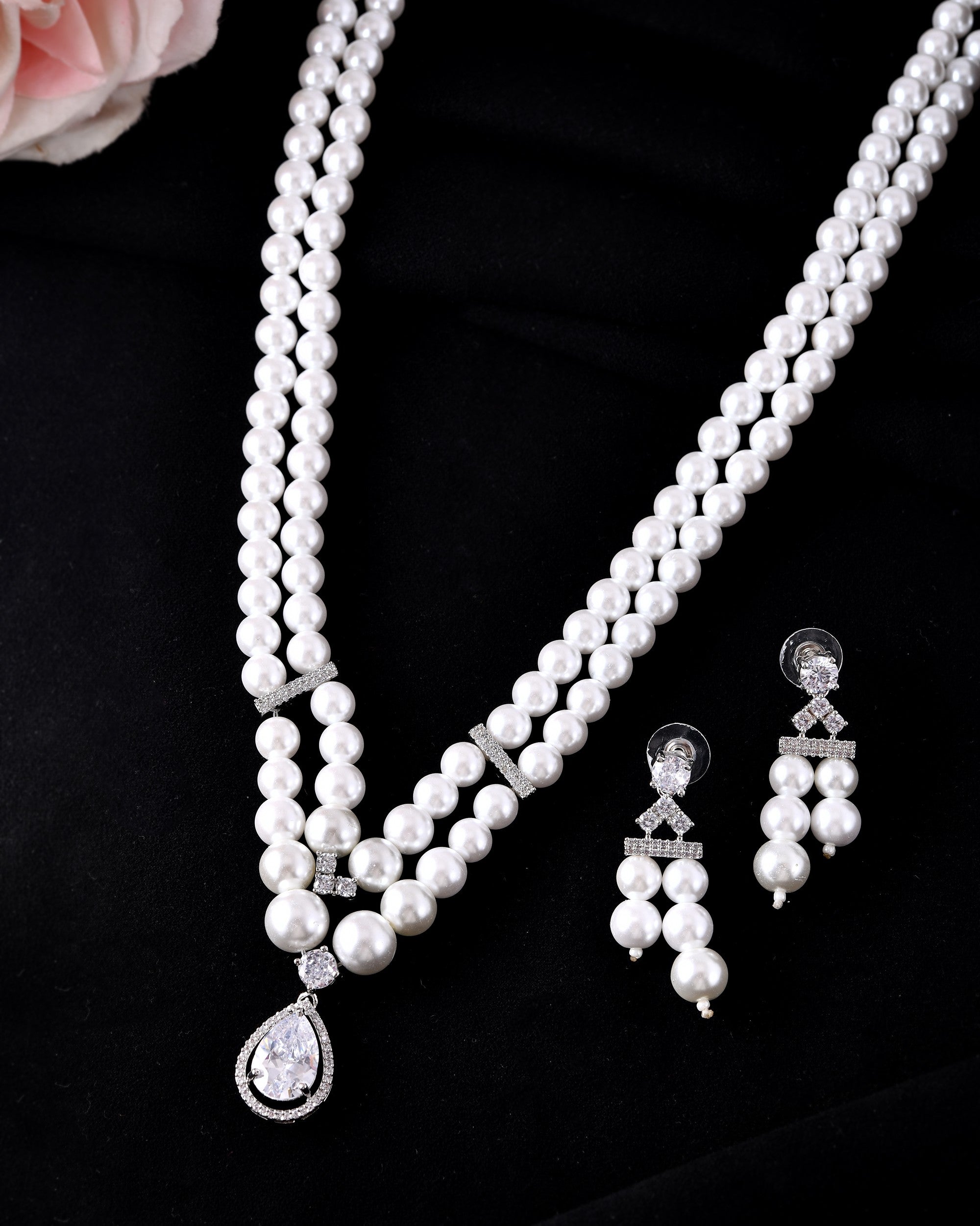 VOJ Silver Plated Pearl & Ad Studded Designer Jewellery Set