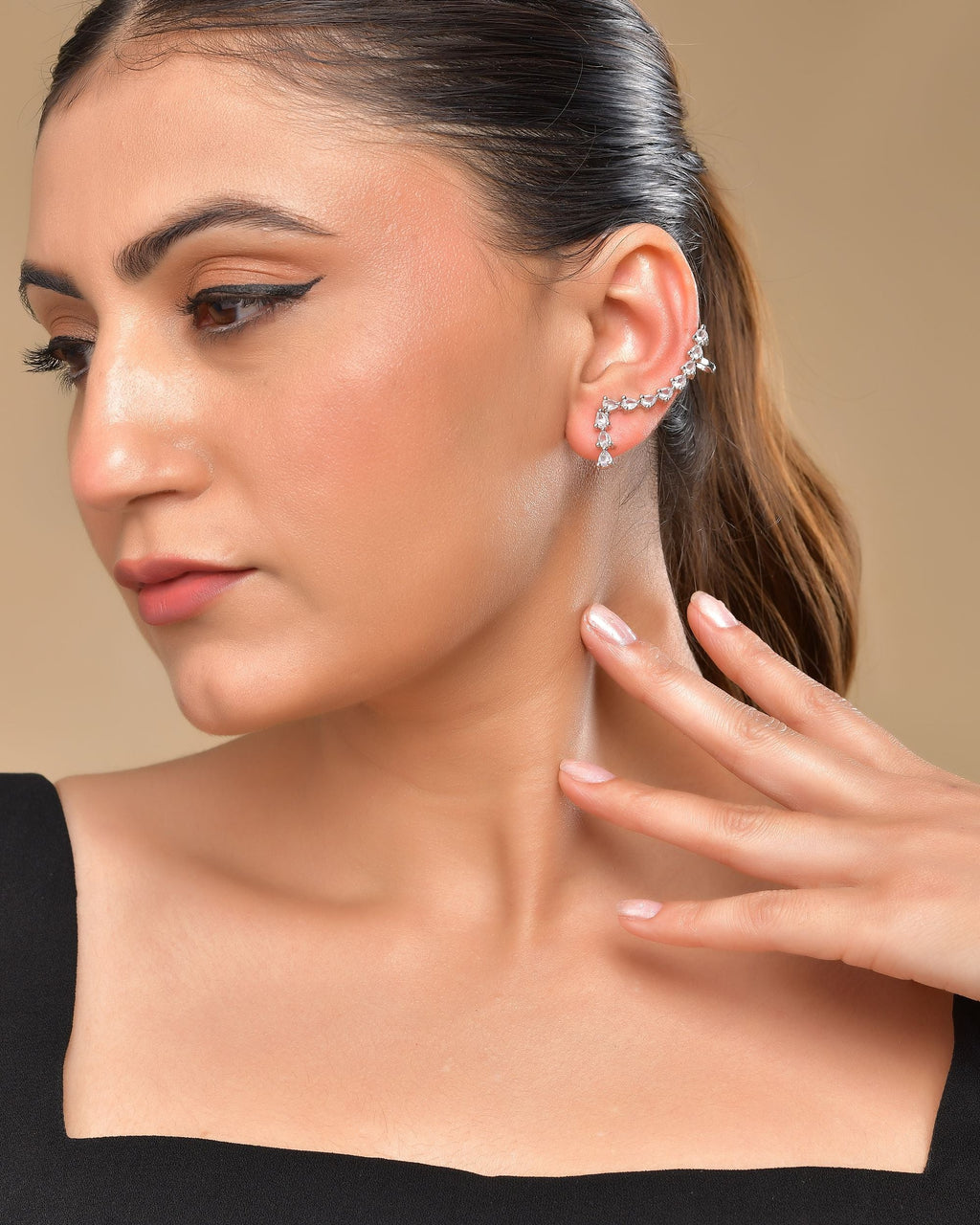 VOJ Silver Plated Cz Stone Studded Teardrop Shaped Ear Cuff Earrings