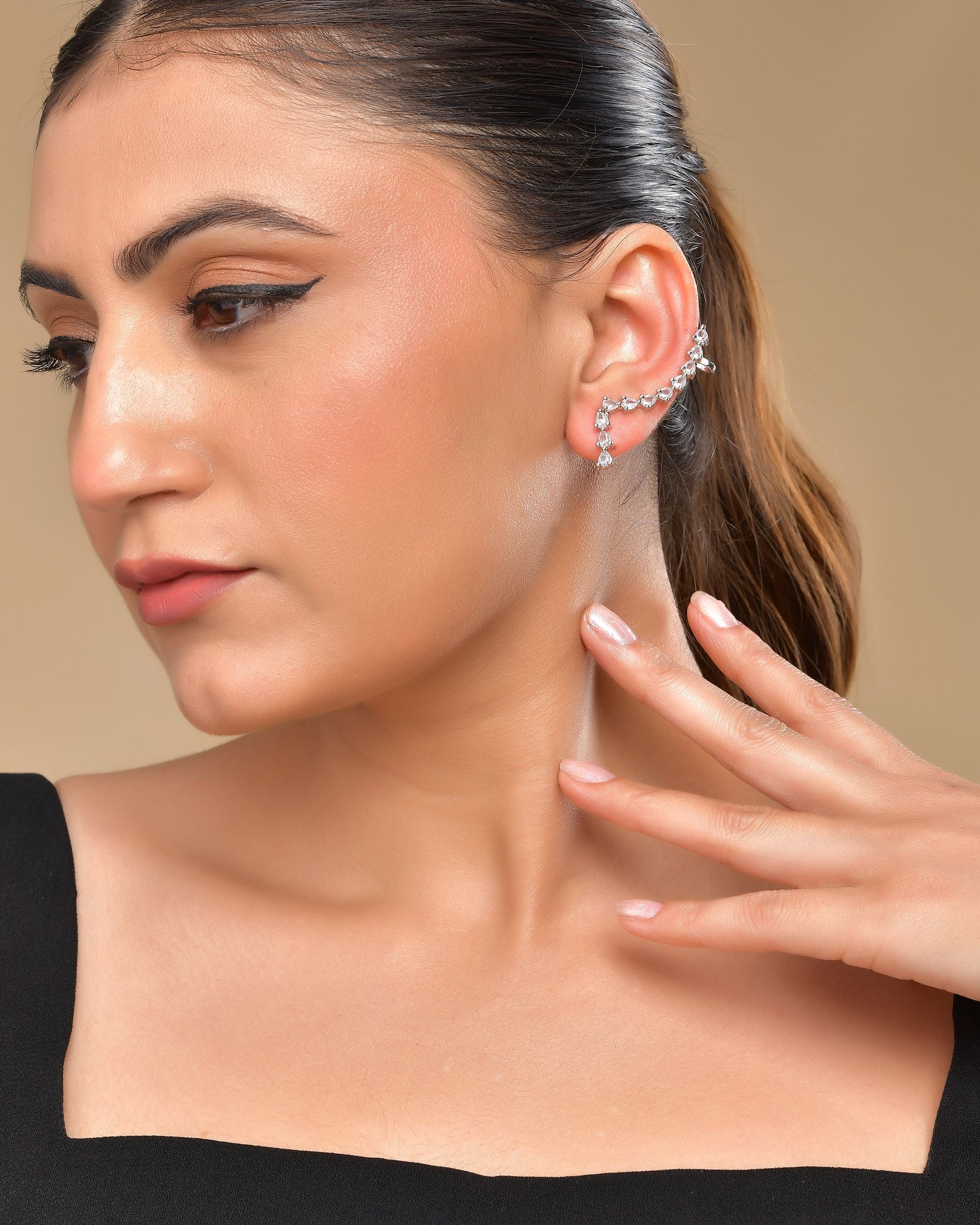 VOJ Silver Plated Cz Stone Studded Teardrop Shaped Ear Cuff Earrings