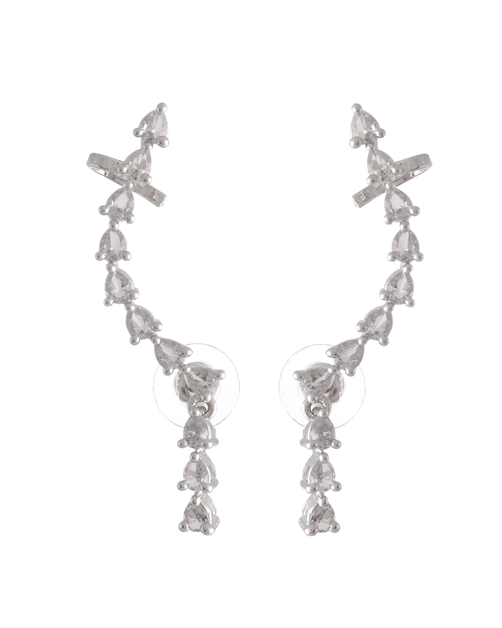 VOJ Silver Plated Cz Stone Studded Teardrop Shaped Ear Cuff Earrings