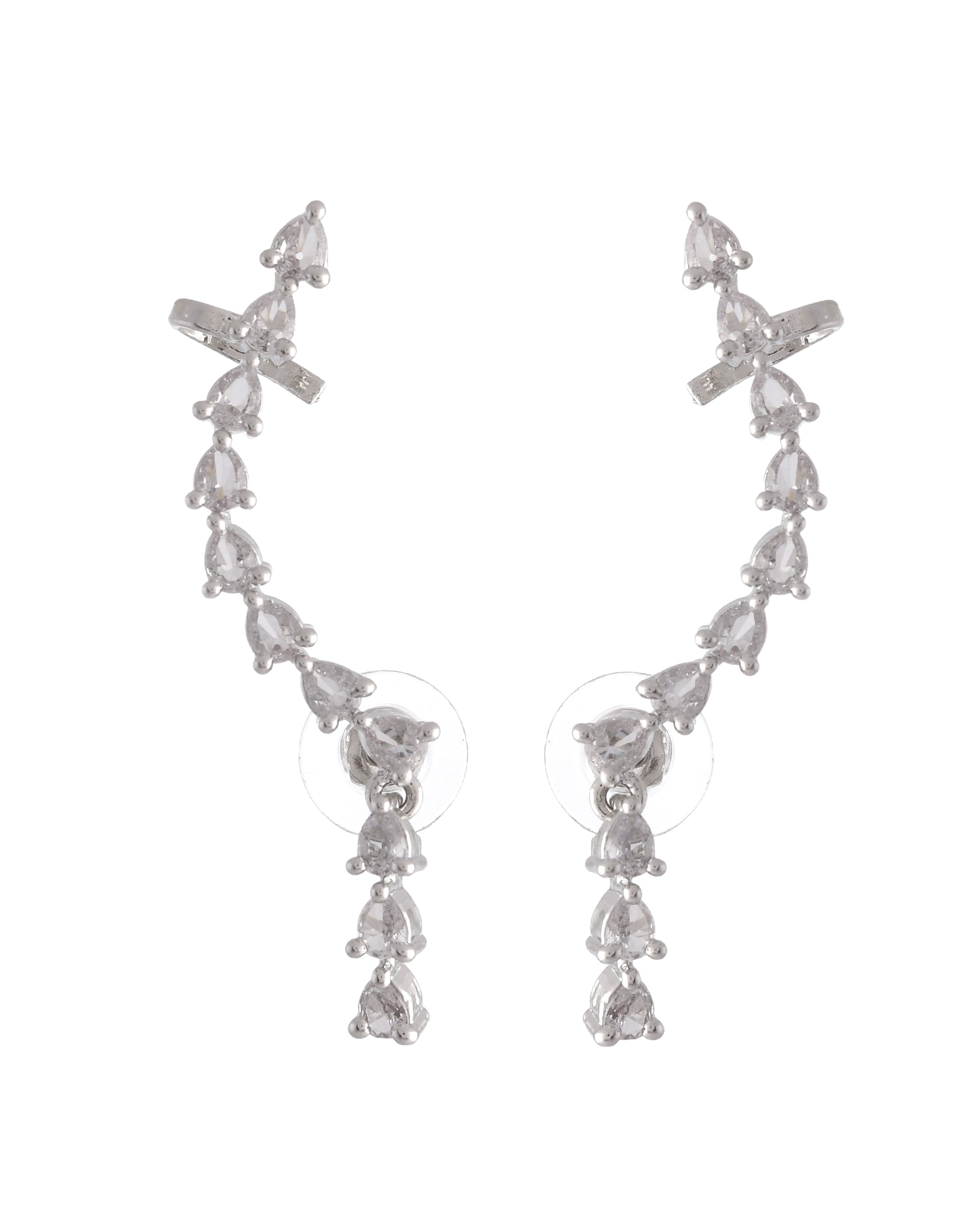 VOJ Silver Plated Cz Stone Studded Teardrop Shaped Ear Cuff Earrings
